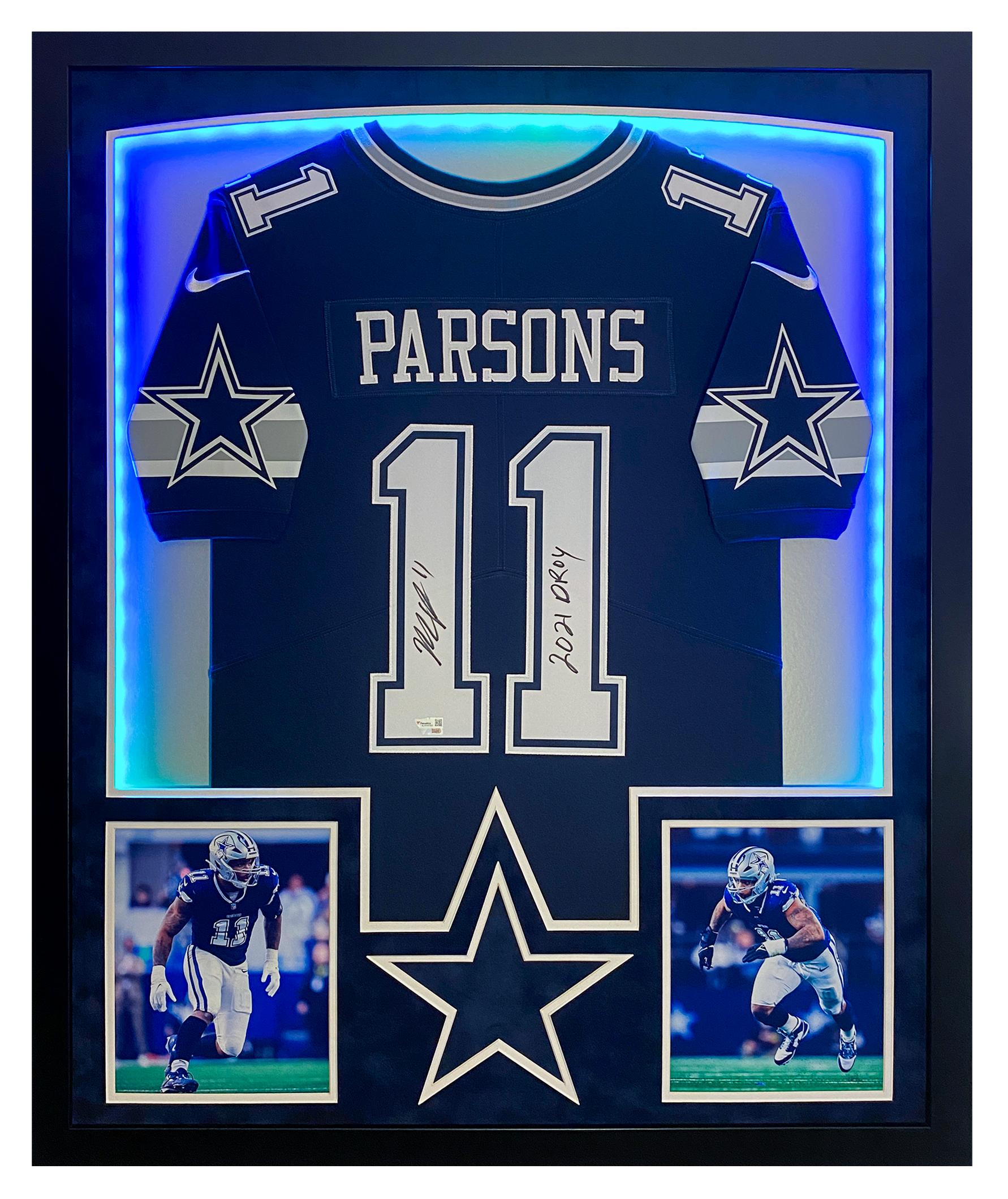 Micah Parsons Signed Cowboys Custom Framed LED Jersey Display Inscribed "2021 DROY" (Fanatics) at PristineAuction.com Micah Parsons Signed Cowboys Custom Framed LED Jersey Display Inscribed "2021 DROY" (Fanatics) at PristineAuction.com