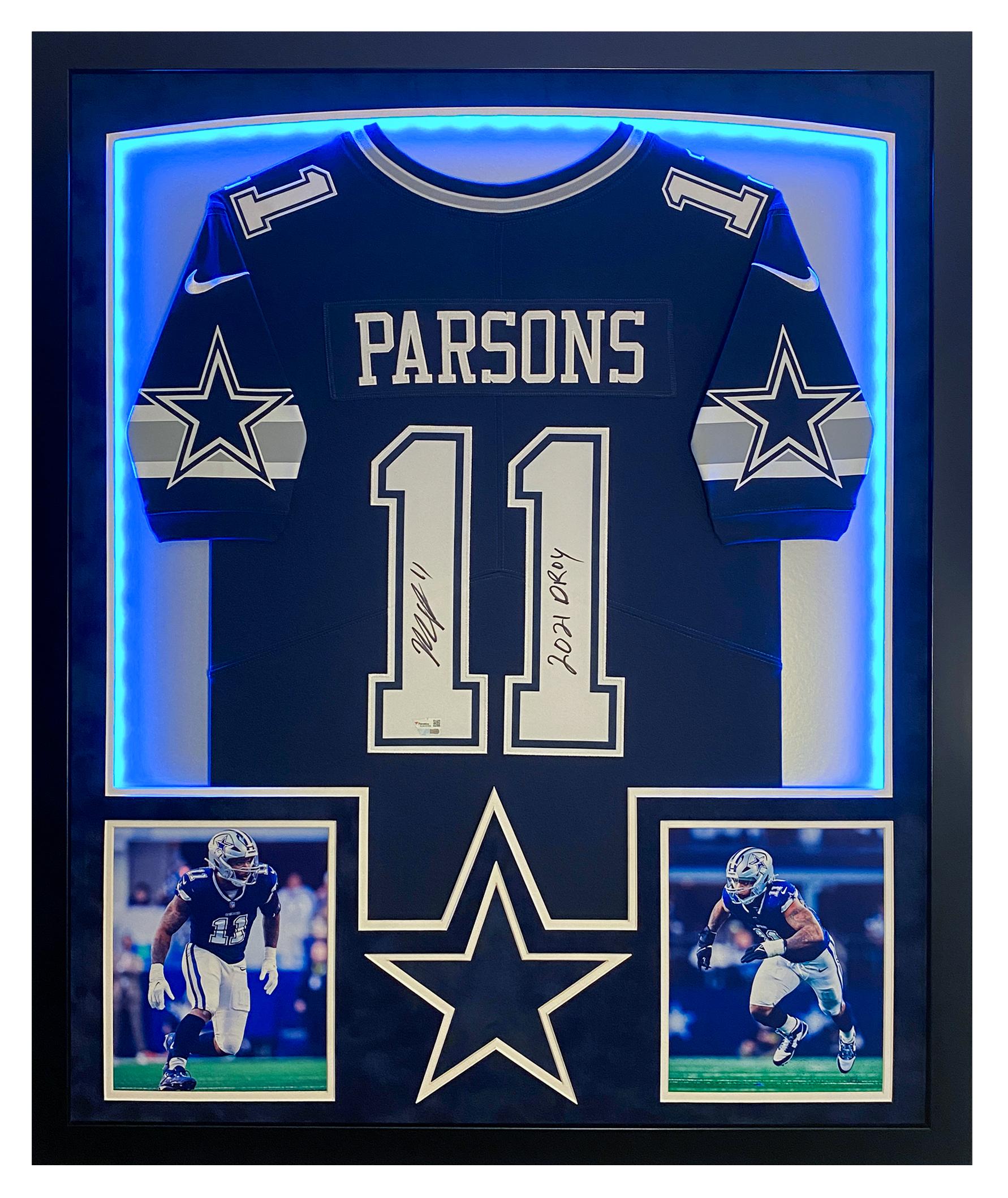 Micah Parsons Signed Cowboys Custom Framed LED Jersey Display Inscribed "2021 DROY" (Fanatics) at PristineAuction.com Micah Parsons Signed Cowboys Custom Framed LED Jersey Display Inscribed "2021 DROY" (Fanatics) at PristineAuction.com