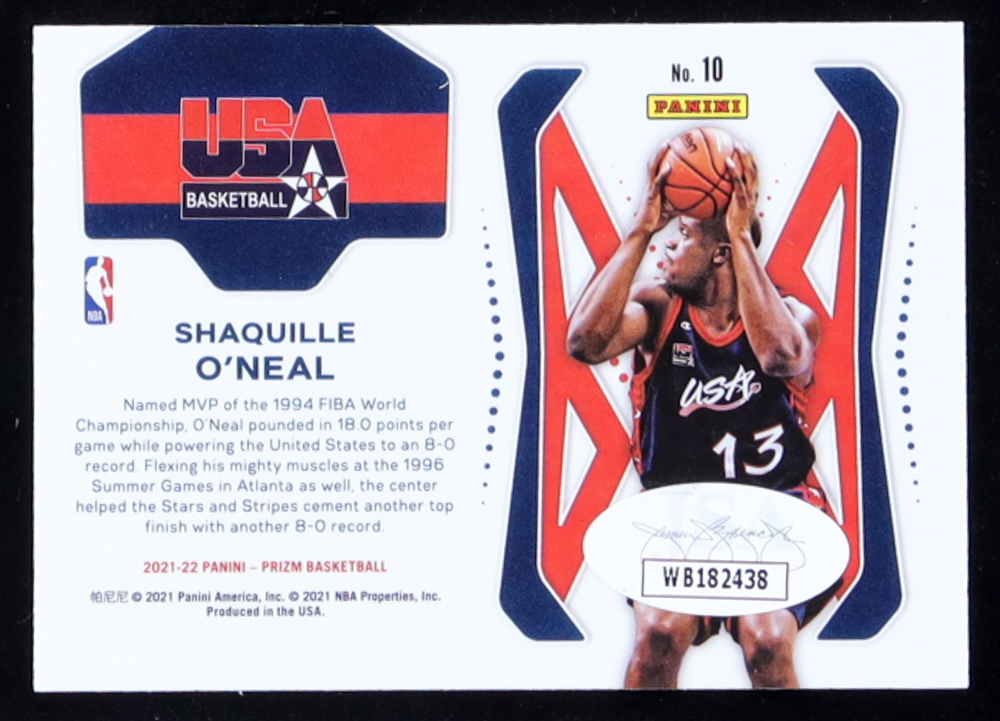Shaquille O'Neal Signed 2021-22 Panini Prizm USA Basketball #10 (JSA) at PristineAuction.com Shaquille O'Neal Signed 2021-22 Panini Prizm USA Basketball #10 (JSA) at PristineAuction.com