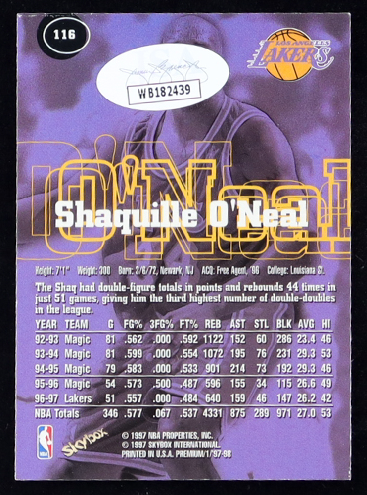 Shaquille O'Neal Signed 1997-98 SkyBox Premium #116 (JSA) at PristineAuction.com Shaquille O'Neal Signed 1997-98 SkyBox Premium #116 (JSA) at PristineAuction.com
