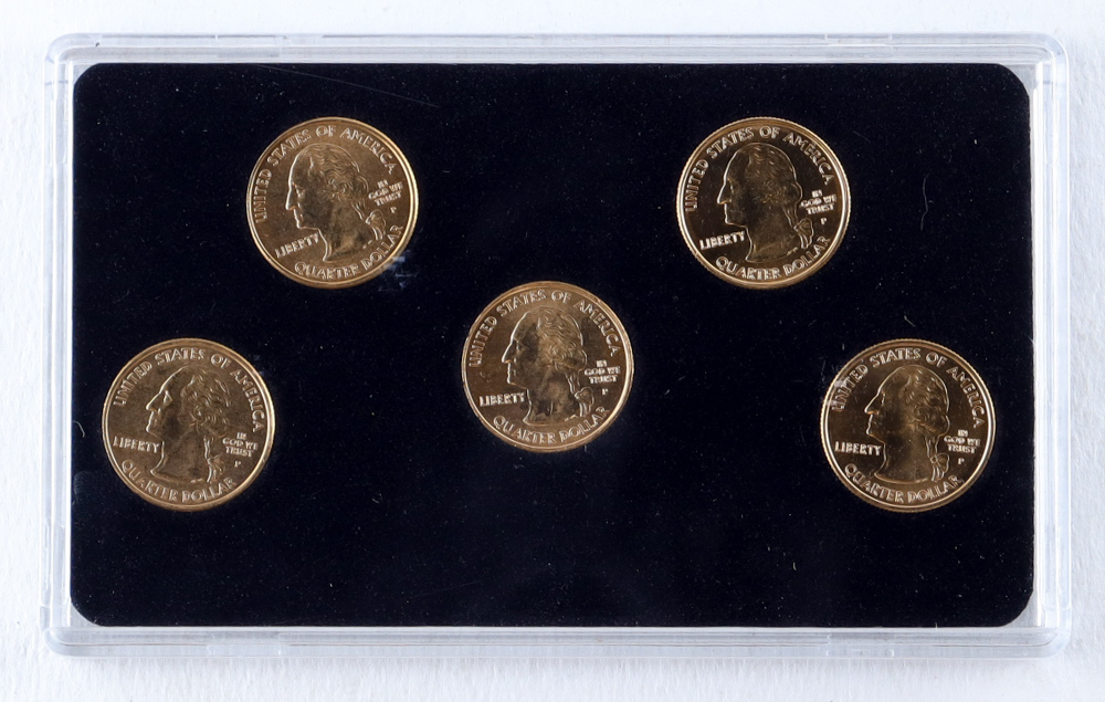 2005-D/P 50 States Commemorative Quarters Gold Edition Set with (5) Coins & Original Packaging at PristineAuction.com 2005-D/P 50 States Commemorative Quarters Gold Edition Set with (5) Coins & Original Packaging at PristineAuction.com