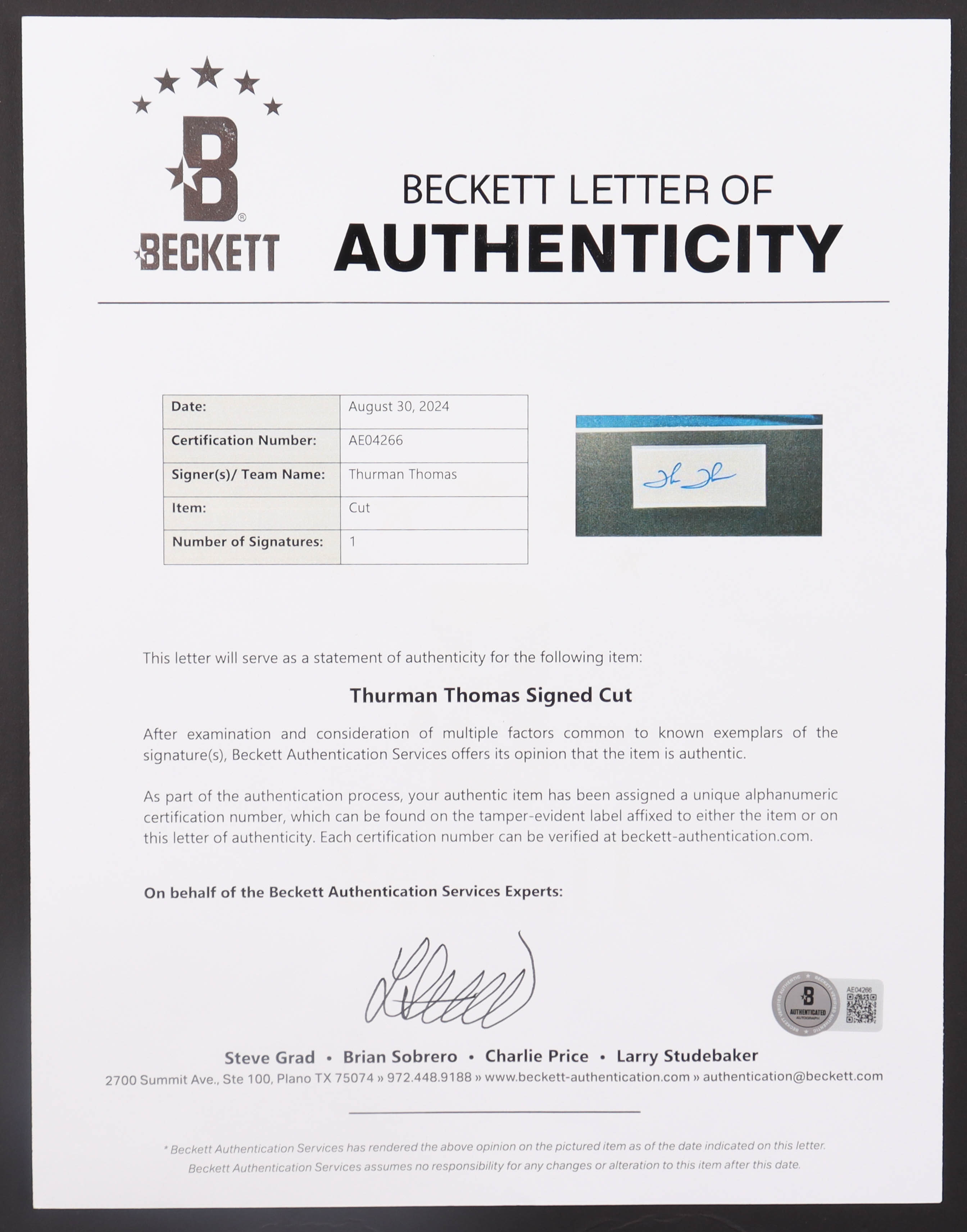 Thurman Thomas Signed Bills 8x10 Custom Matted Cut Display (Beckett) at PristineAuction.com Thurman Thomas Signed Bills 8x10 Custom Matted Cut Display (Beckett) at PristineAuction.com