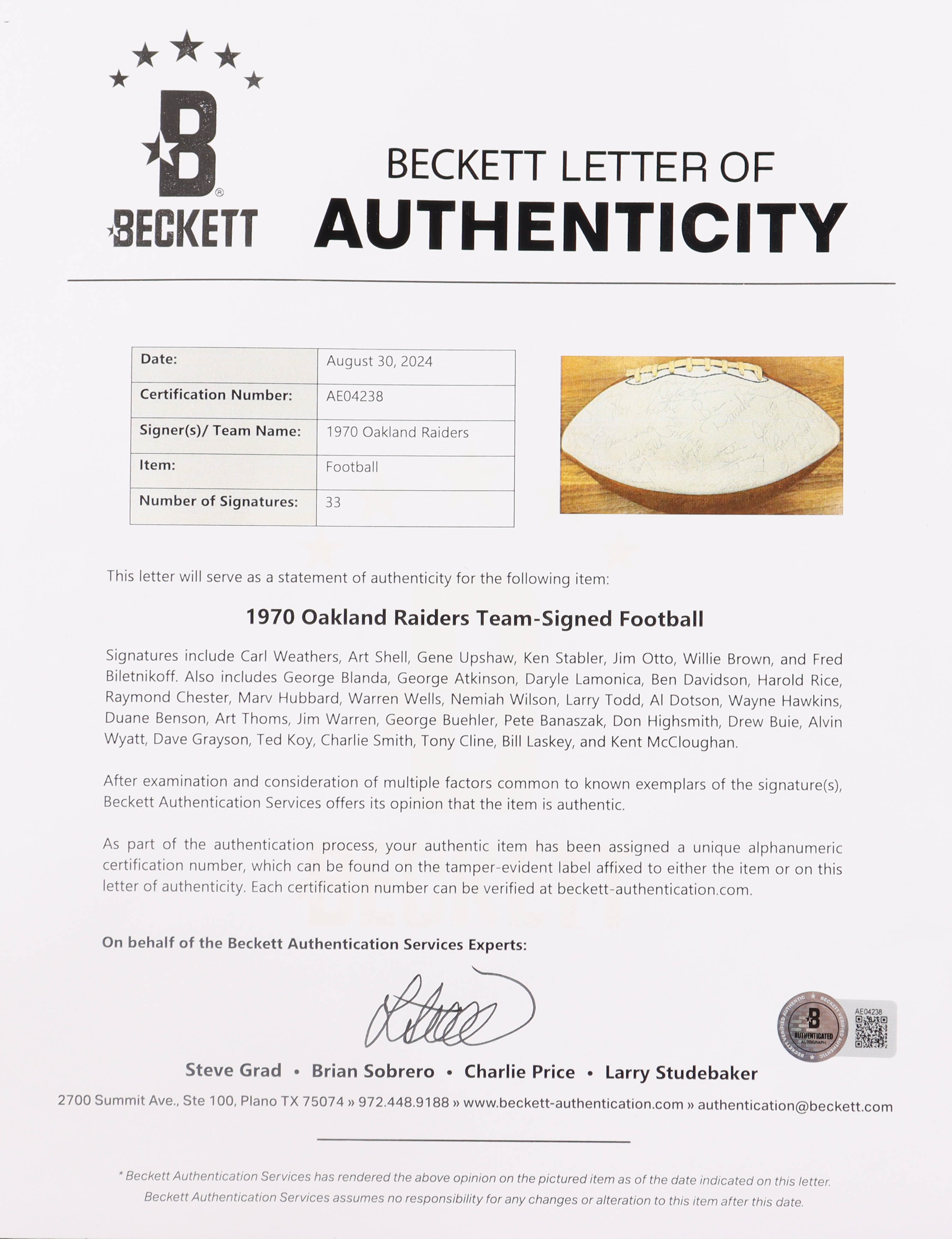 1970 Raiders Wilson Football Signed by (33) with Carl Weathers, Art Shell, Gene Upshaw, Ken Stabler (Beckett) at PristineAuction.com 1970 Raiders Wilson Football Signed by (33) with Carl Weathers, Art Shell, Gene Upshaw, Ken Stabler (Beckett) at PristineAuction.com