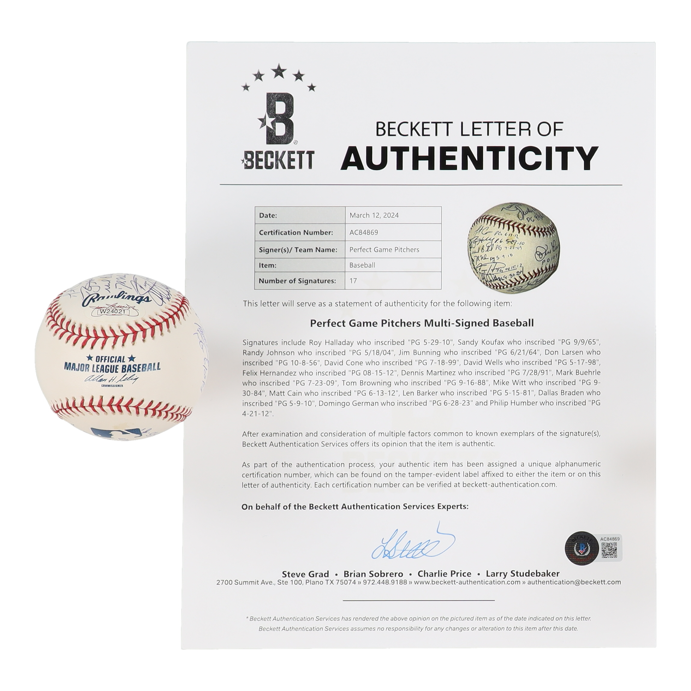 Perfect Game Pitchers OML Baseball Signed & Inscribed by (17) With Sandy Koufax, Randy Johnson, Roy Halladay, Don Larsen, David Cone, David Wells, Felix Hernandez (Beckett) at PristineAuction.com Perfect Game Pitchers OML Baseball Signed & Inscribed by (17) With Sandy Koufax, Randy Johnson, Roy Halladay, Don Larsen, David Cone, David Wells, Felix Hernandez (Beckett) at PristineAuction.com