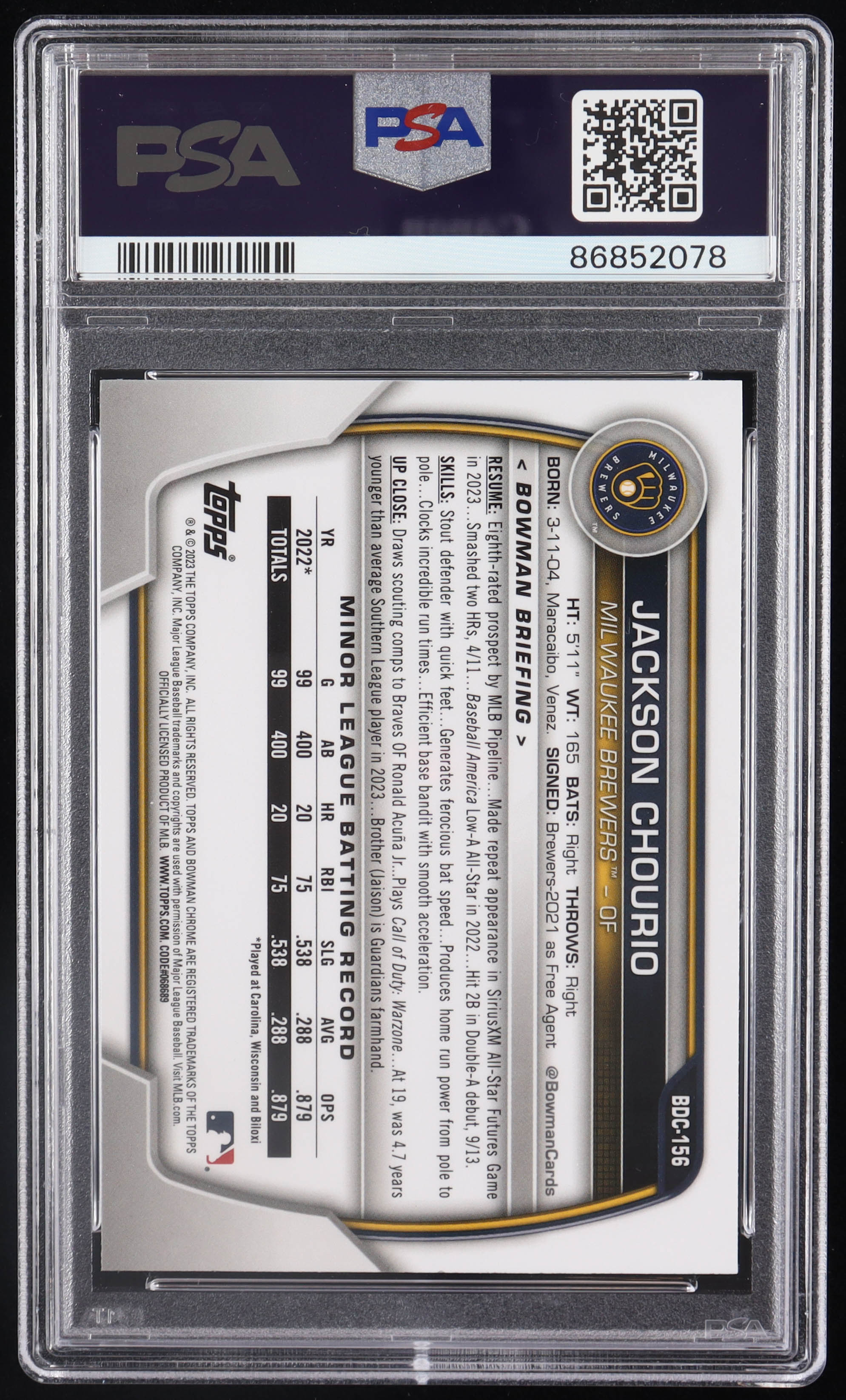 Jackson Chourio 2023 Bowman Chrome Draft #BDC156 RC (PSA 9) at PristineAuction.com Jackson Chourio 2023 Bowman Chrome Draft #BDC156 RC (PSA 9) at PristineAuction.com