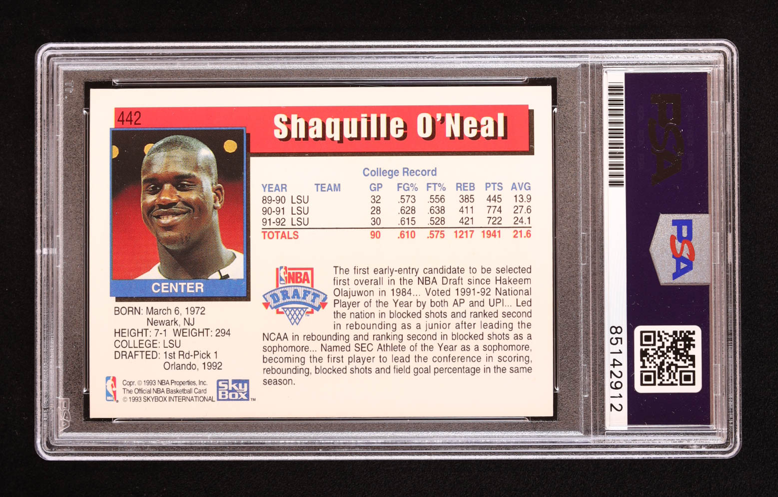 Shaquille O'Neal Signed 1992-93 Hoops #442 RC (PSA) at PristineAuction.com Shaquille O'Neal Signed 1992-93 Hoops #442 RC (PSA) at PristineAuction.com