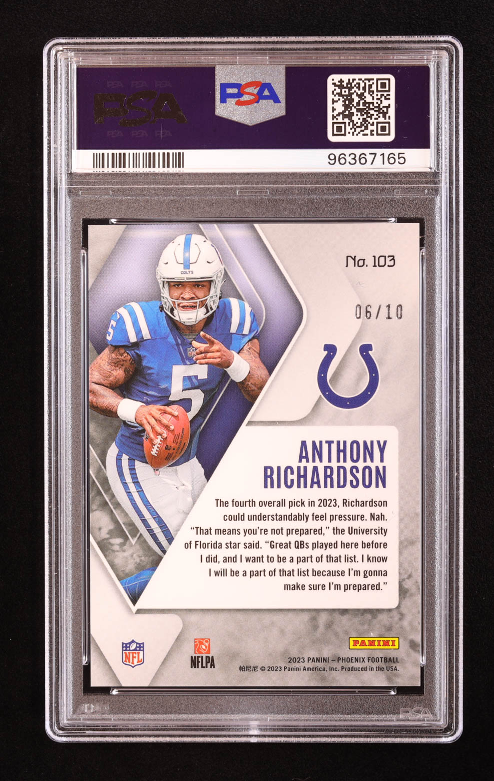 Anthony Richardson 2023 Panini Phoenix Red Pandora #103 RC #06/10 (PSA 10) at PristineAuction.com Anthony Richardson 2023 Panini Phoenix Red Pandora #103 RC #06/10 (PSA 10) at PristineAuction.com