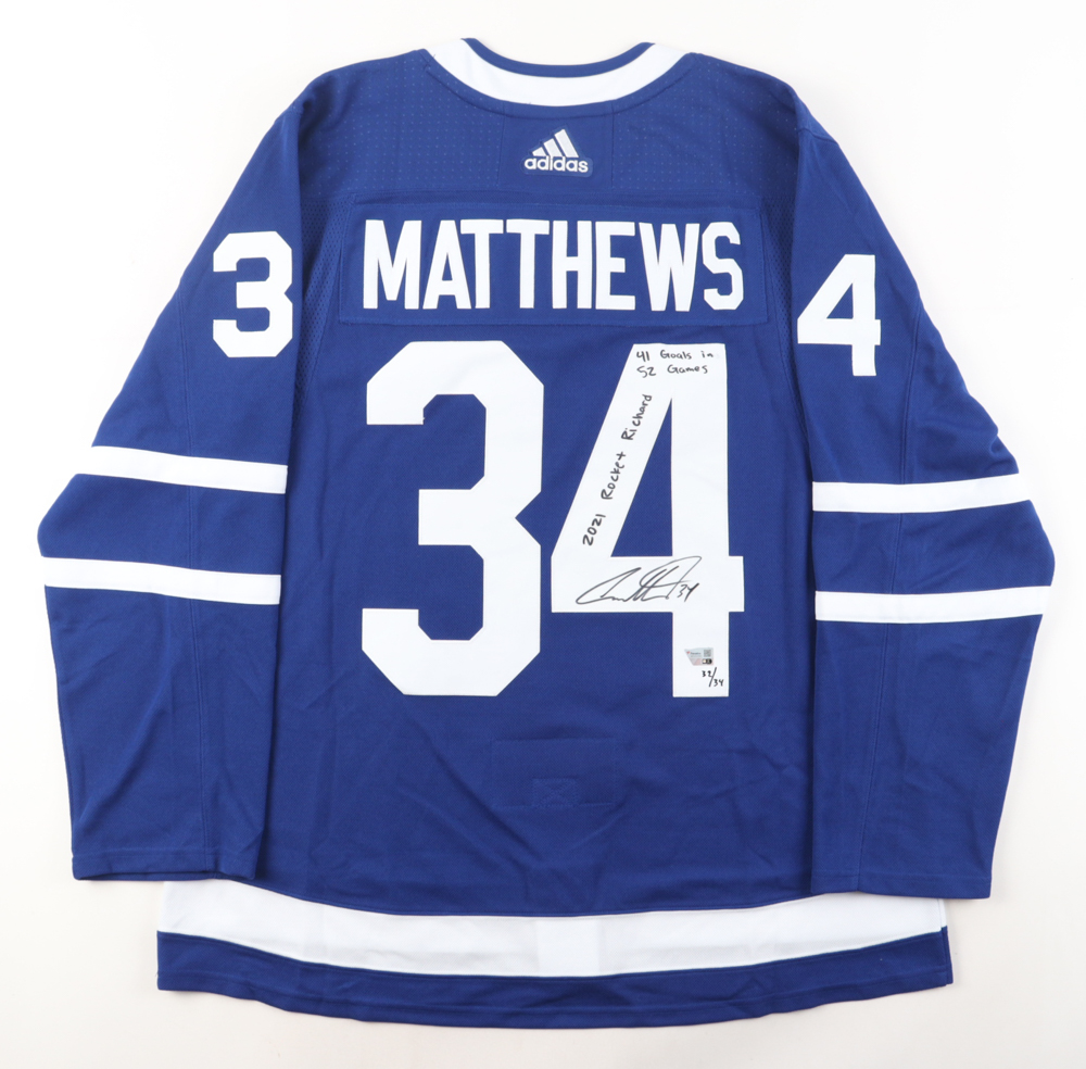 Auston Matthews Signed LE Maple Leafs Jersey Inscribed "2021 Rocket Richard" & "41 Goals In 52 Games" (Fanatics) at PristineAuction.com Auston Matthews Signed LE Maple Leafs Jersey Inscribed "2021 Rocket Richard" & "41 Goals In 52 Games" (Fanatics) at PristineAuction.com