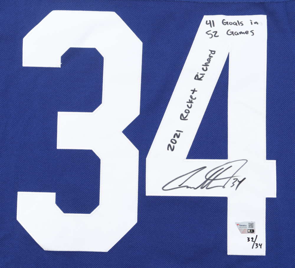 Auston Matthews Signed LE Maple Leafs Jersey Inscribed "2021 Rocket Richard" & "41 Goals In 52 Games" (Fanatics) at PristineAuction.com Auston Matthews Signed LE Maple Leafs Jersey Inscribed "2021 Rocket Richard" & "41 Goals In 52 Games" (Fanatics) at PristineAuction.com