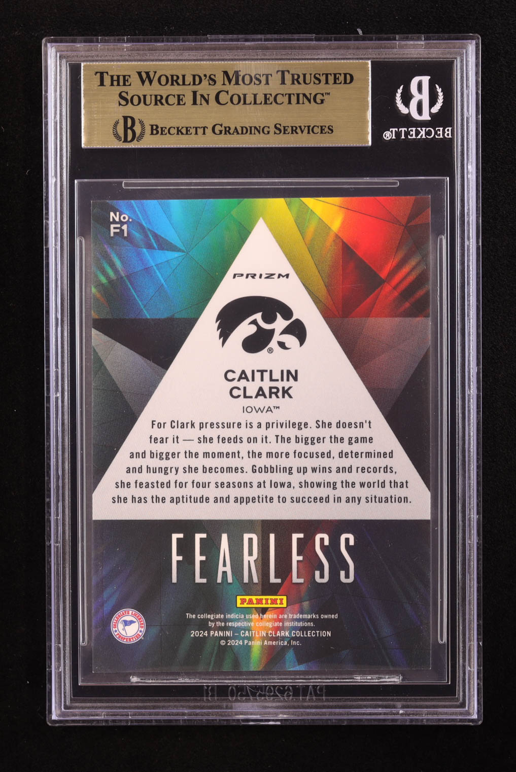 Caitlin Clark 2024 Panini Caitlin Clark Collection Prizm Fearless #F1 RC (BGS 9.5) at PristineAuction.com Caitlin Clark 2024 Panini Caitlin Clark Collection Prizm Fearless #F1 RC (BGS 9.5) at PristineAuction.com
