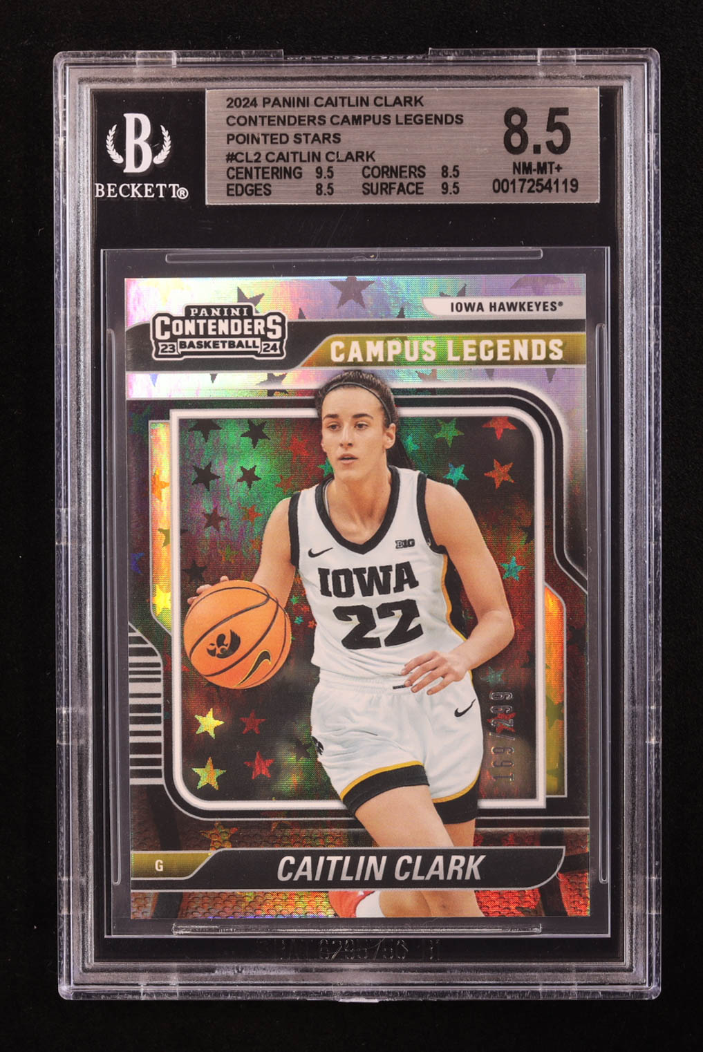 Caitlin Clark 2024 Panini Caitlin Clark Collection Contenders Campus Legends Pointed Stars #CL2 #169/299 RC (BGS 8.5) at PristineAuction.com Caitlin Clark 2024 Panini Caitlin Clark Collection Contenders Campus Legends Pointed Stars #CL2 #169/299 RC (BGS 8.5) at PristineAuction.com