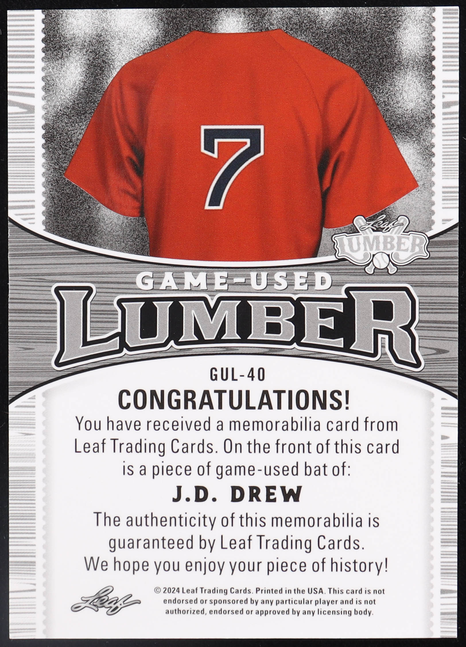 J. D. Drew 2024 Leaf Lumber Game-Used Lumber #GUL40 #37/40 at PristineAuction.com J. D. Drew 2024 Leaf Lumber Game-Used Lumber #GUL40 #37/40 at PristineAuction.com
