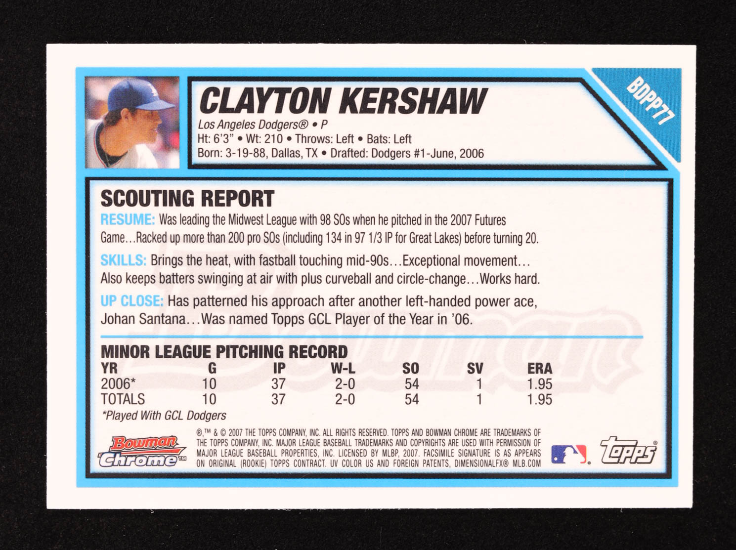 Clayton Kershaw 2007 Bowman Chrome Draft Future's Game Prospects #BDPP77 RC at PristineAuction.com Clayton Kershaw 2007 Bowman Chrome Draft Future's Game Prospects #BDPP77 RC at PristineAuction.com