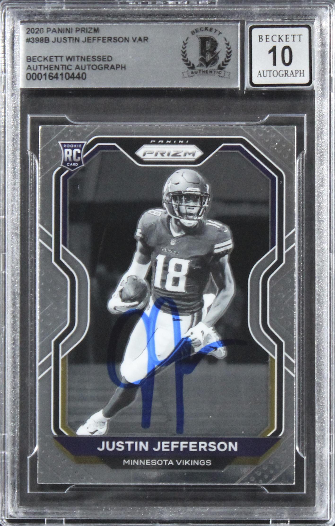 Justin Jefferson Signed 2020 Panini Prizm Variant #398B RC (BGS | Autograph Graded 10) at PristineAuction.com Justin Jefferson Signed 2020 Panini Prizm Variant #398B RC (BGS | Autograph Graded 10) at PristineAuction.com