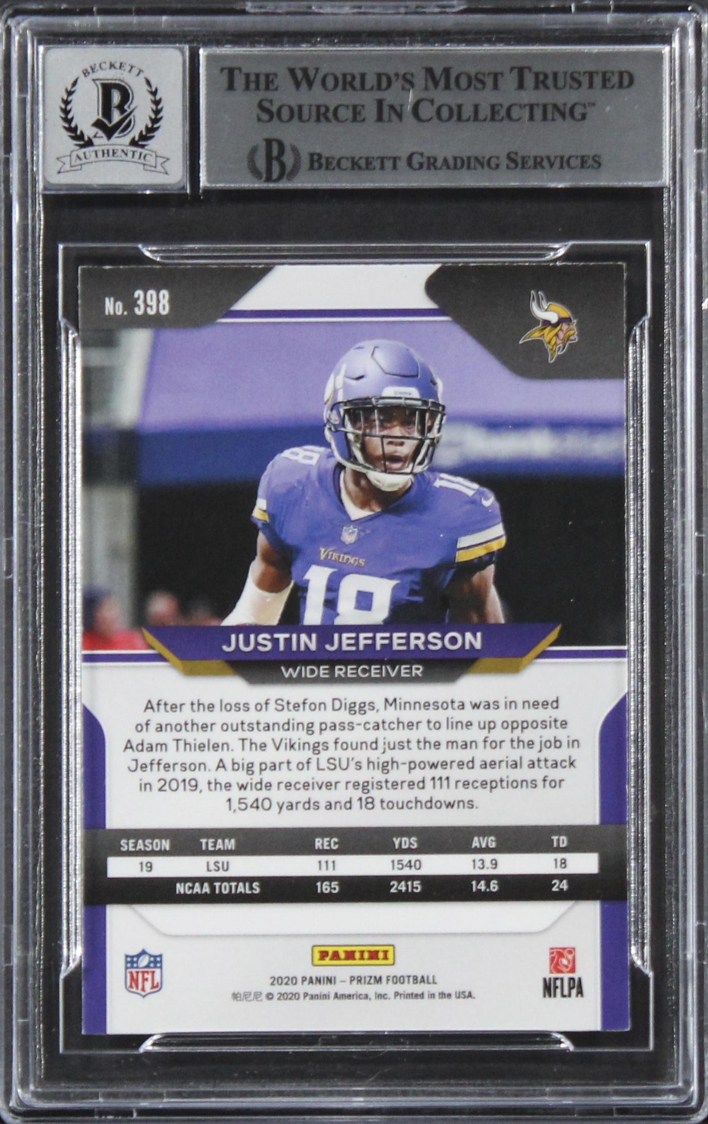 Justin Jefferson Signed 2020 Panini Prizm Variant #398B RC (BGS | Autograph Graded 10) at PristineAuction.com Justin Jefferson Signed 2020 Panini Prizm Variant #398B RC (BGS | Autograph Graded 10) at PristineAuction.com
