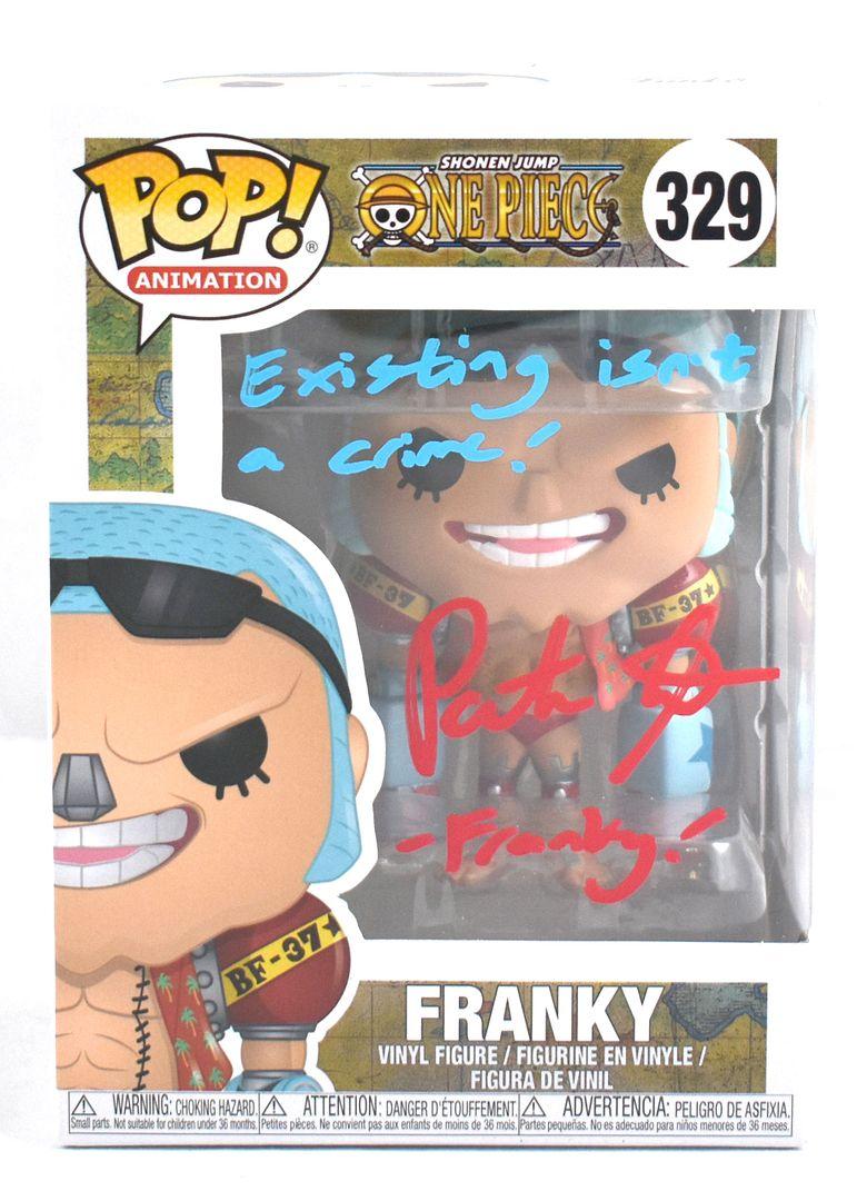 Patrick Seitz Signed "One Piece" #329 Franky Funko Pop! Vinyl Figure Inscribed "Existing Isn't A Crime!" & "Franky" (JSA) at PristineAuction.com Patrick Seitz Signed "One Piece" #329 Franky Funko Pop! Vinyl Figure Inscribed "Existing Isn't A Crime!" & "Franky" (JSA) at PristineAuction.com