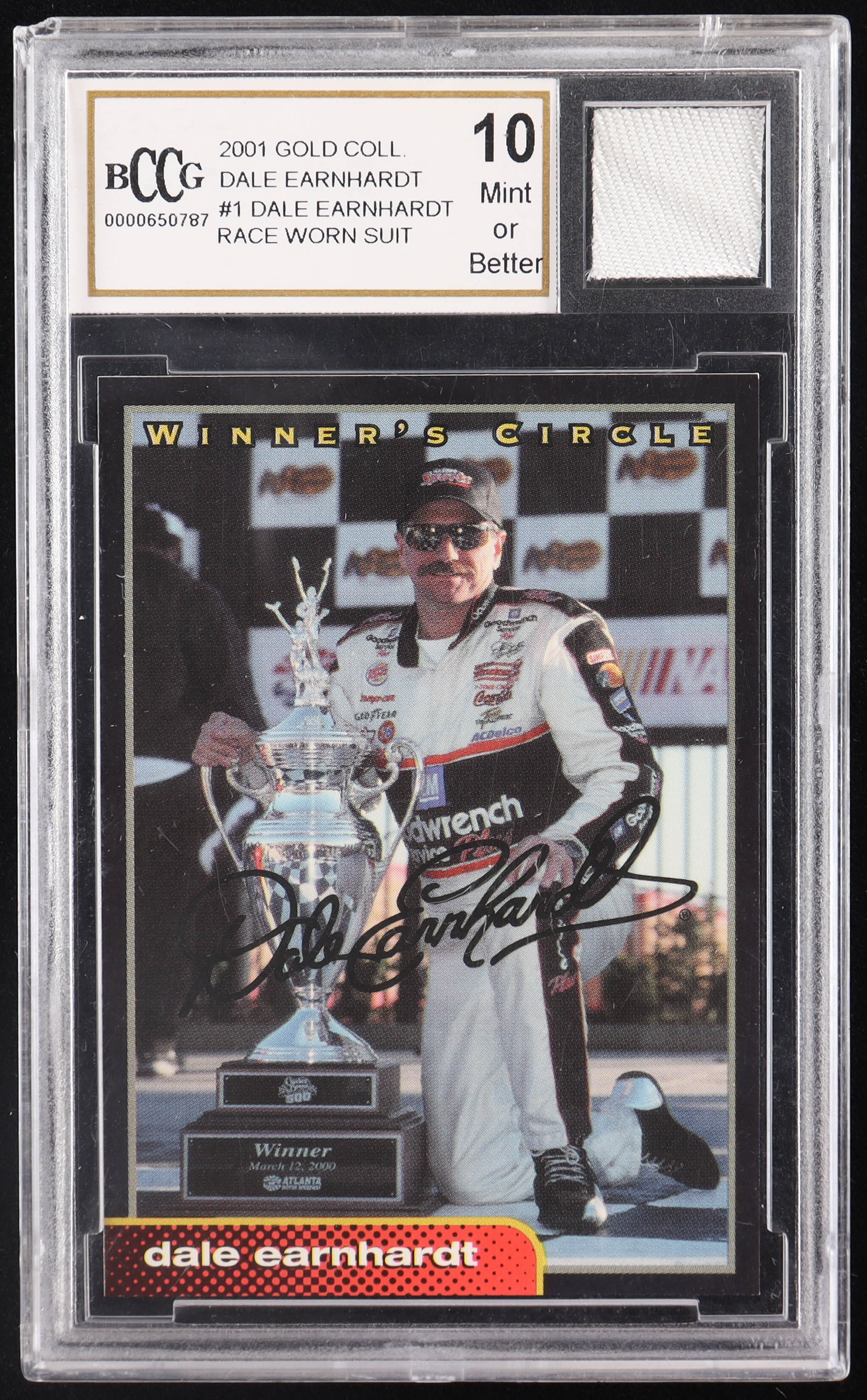 Dale Earnhardt 2001 Gold Collectibles Dale Earnhardt #1 with Race-Worn Suit Piece (BCCG 10) at PristineAuction.com Dale Earnhardt 2001 Gold Collectibles Dale Earnhardt #1 with Race-Worn Suit Piece (BCCG 10) at PristineAuction.com