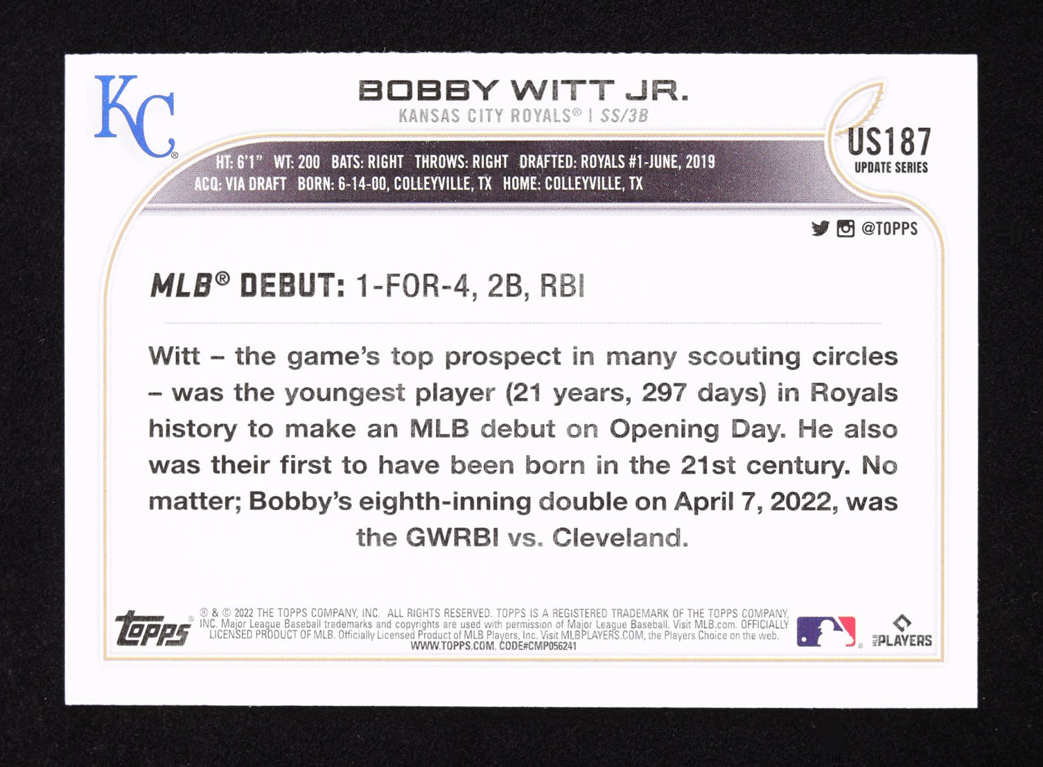 Bobby Witt Jr. 2022 Topps Update #US187 RD RC at PristineAuction.com Bobby Witt Jr. 2022 Topps Update #US187 RD RC at PristineAuction.com