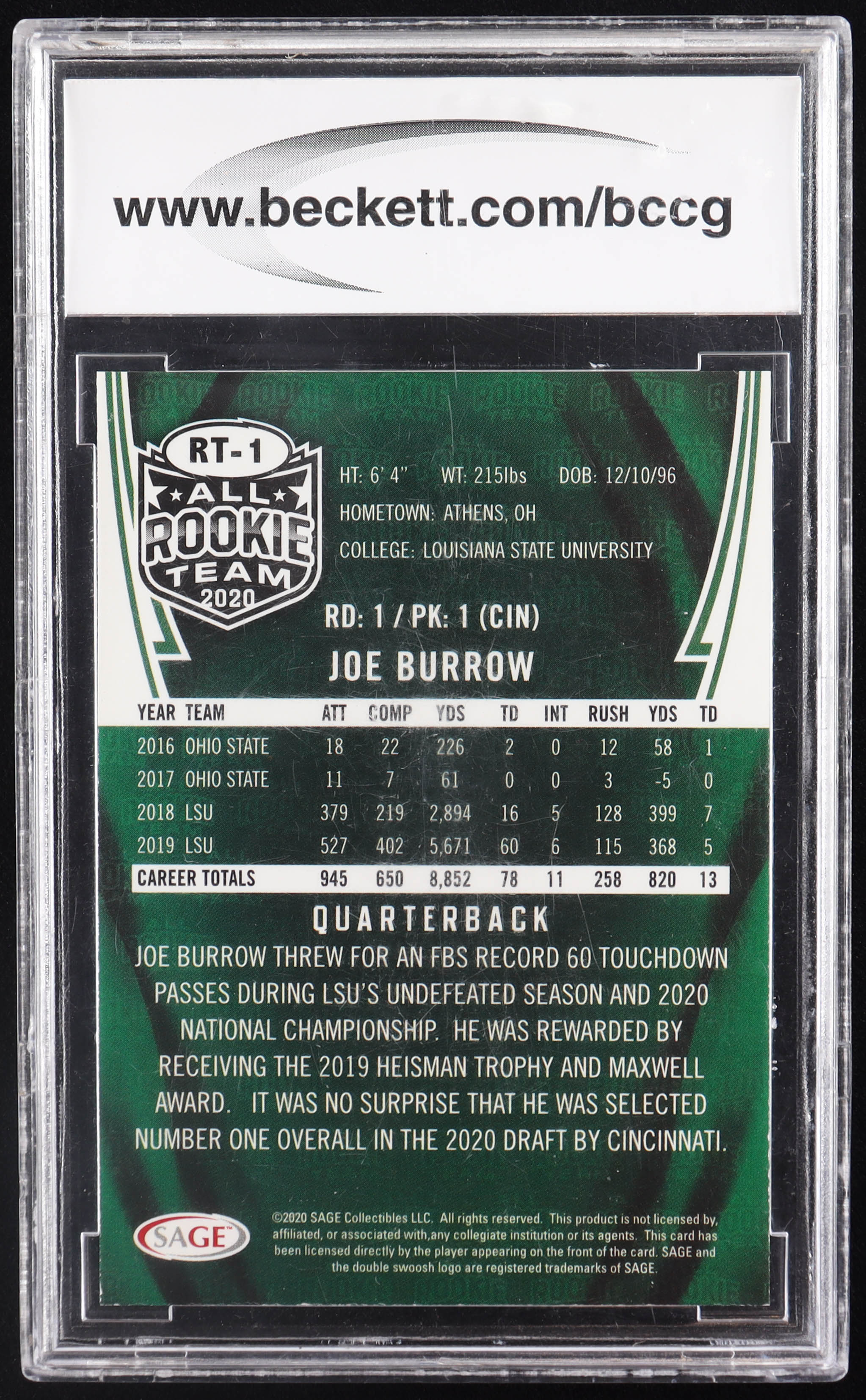 Joe Burrow 2020 SAGE All Rookie Team #RT1 RC (BCCG 10) at PristineAuction.com Joe Burrow 2020 SAGE All Rookie Team #RT1 RC (BCCG 10) at PristineAuction.com
