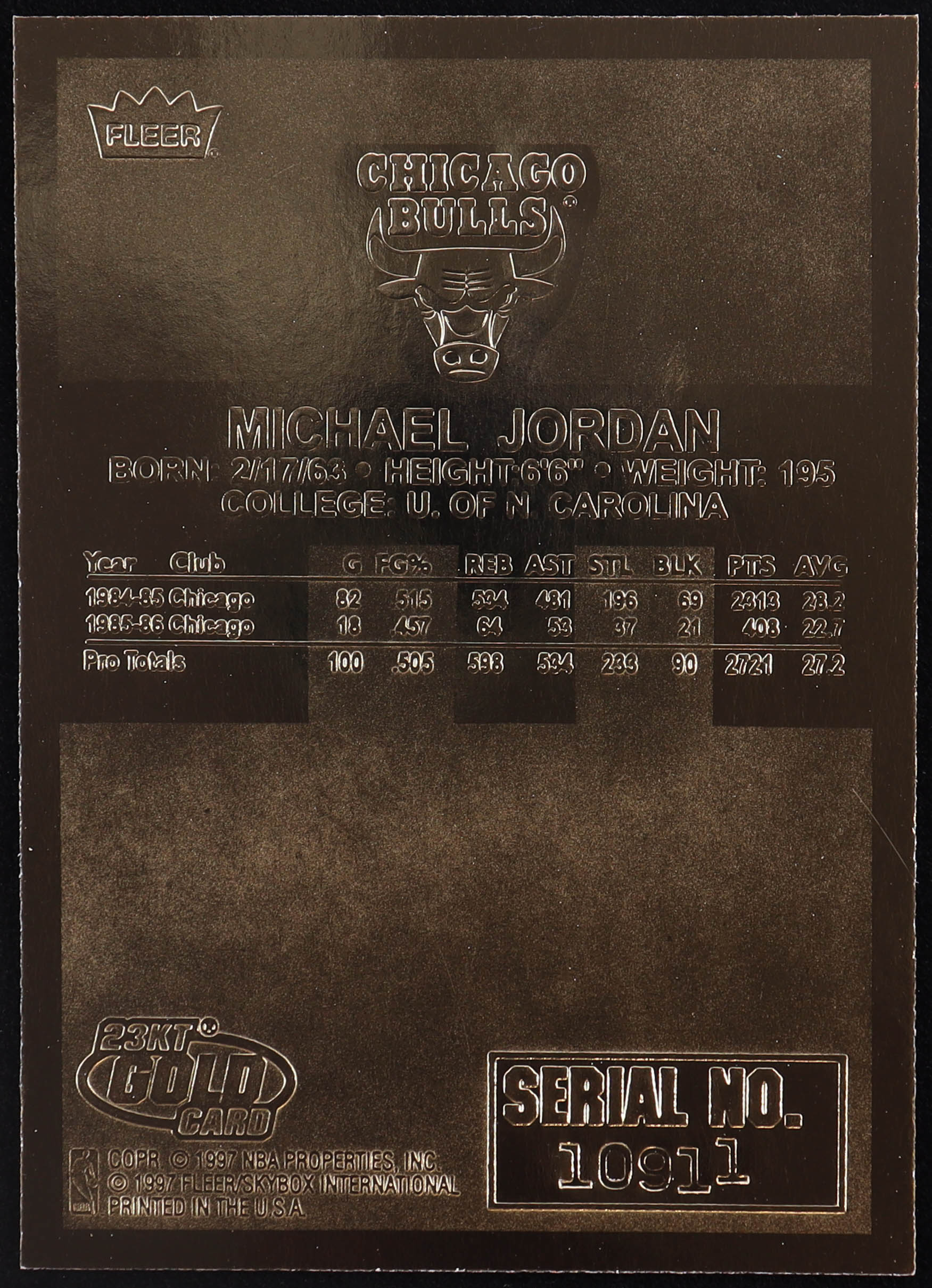 Michael Jordan 1997 Fleer Premier Signature Series Holo Prism Refractor 23Kt Gold Card at PristineAuction.com Michael Jordan 1997 Fleer Premier Signature Series Holo Prism Refractor 23Kt Gold Card at PristineAuction.com