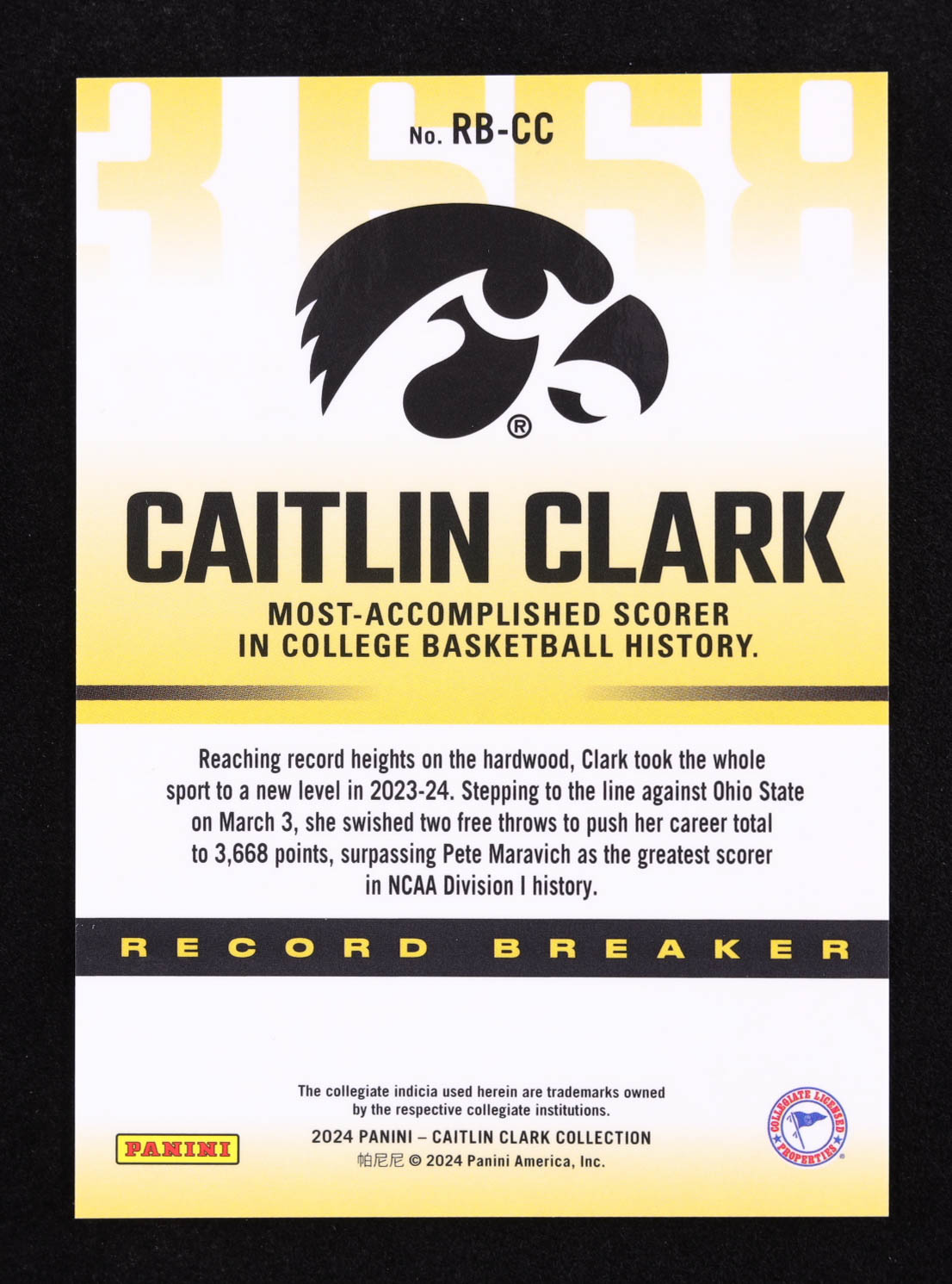 Caitlin Clark 2024 Panini Caitlin Clark Collection Record Breaker #RBCC RC at PristineAuction.com Caitlin Clark 2024 Panini Caitlin Clark Collection Record Breaker #RBCC RC at PristineAuction.com