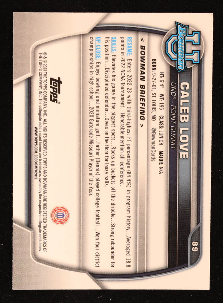 Caleb Love 2022-23 Bowman Chrome University Pink Refractors #89 RC at PristineAuction.com Caleb Love 2022-23 Bowman Chrome University Pink Refractors #89 RC at PristineAuction.com