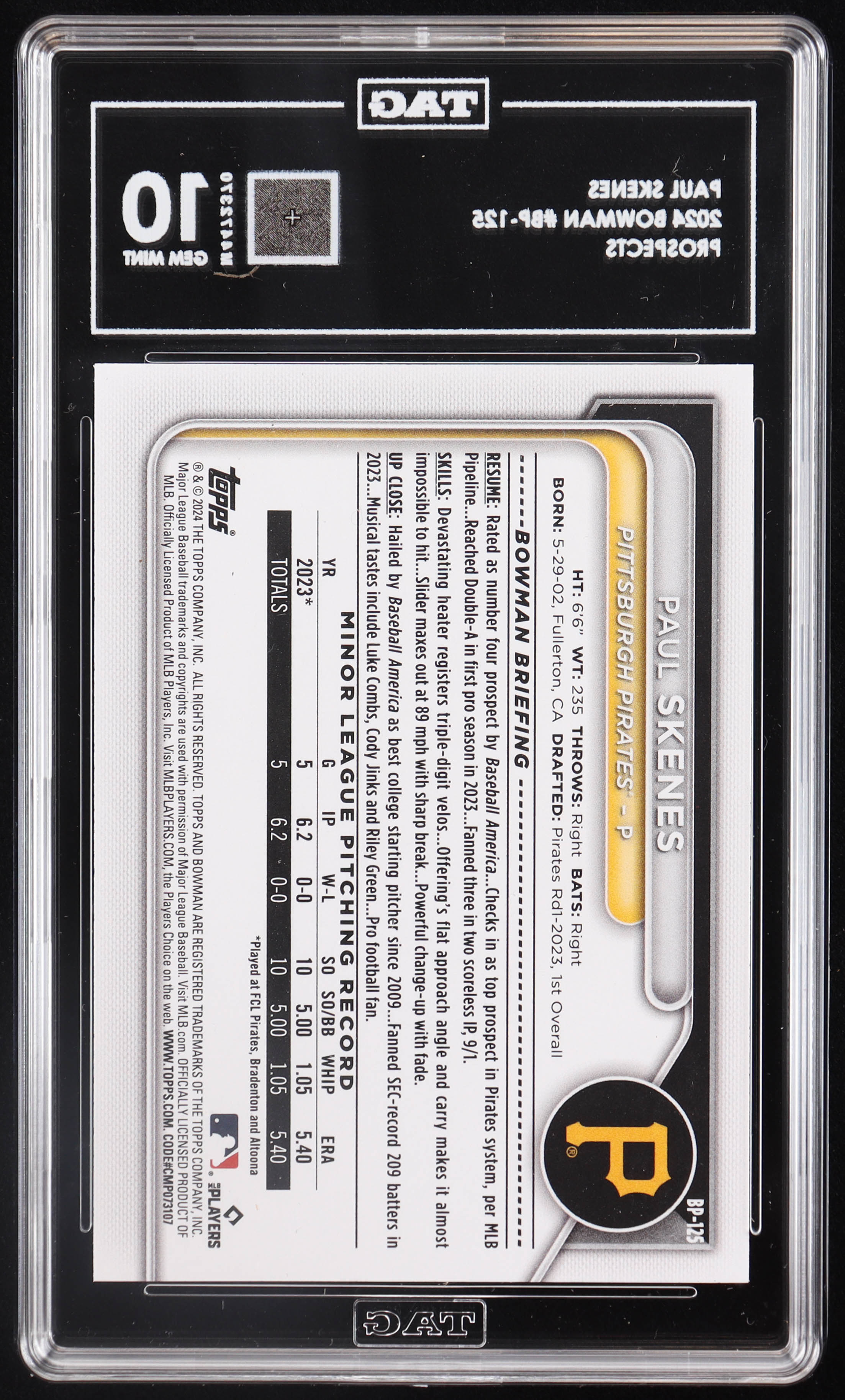 Paul Skenes 2024 Bowman Prospects #BP125 RC (TAG 10) at PristineAuction.com Paul Skenes 2024 Bowman Prospects #BP125 RC (TAG 10) at PristineAuction.com