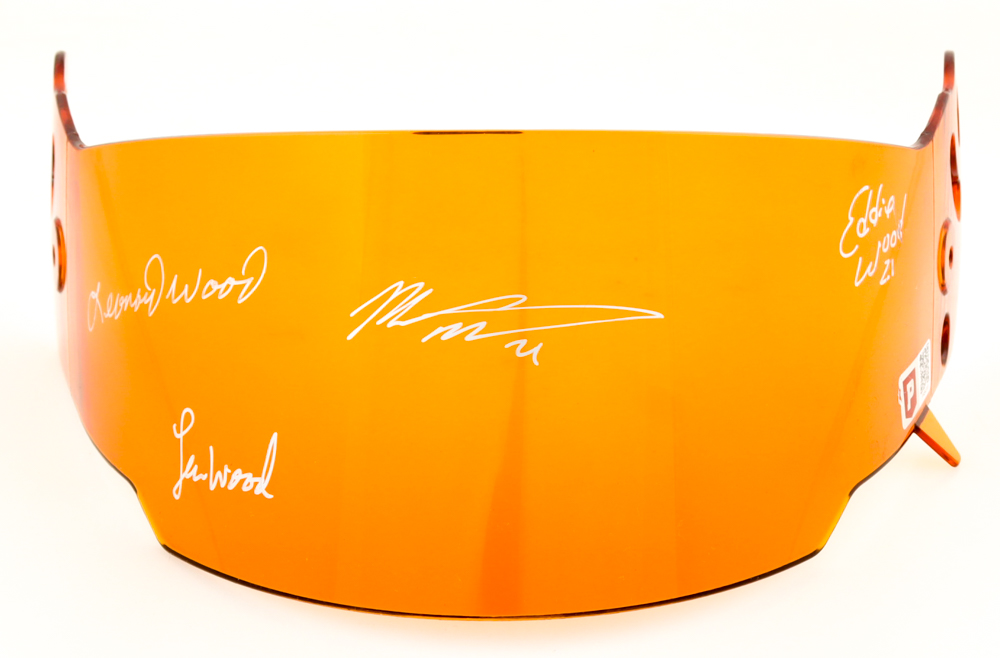 "The Woods Brothers" NASCAR Helmet Visor Signed By (4) With Matt DiBenedetto, Eddie Wood, Leonard Wood & Jon Wood (PA) at PristineAuction.com "The Woods Brothers" NASCAR Helmet Visor Signed By (4) With Matt DiBenedetto, Eddie Wood, Leonard Wood & Jon Wood (PA) at PristineAuction.com