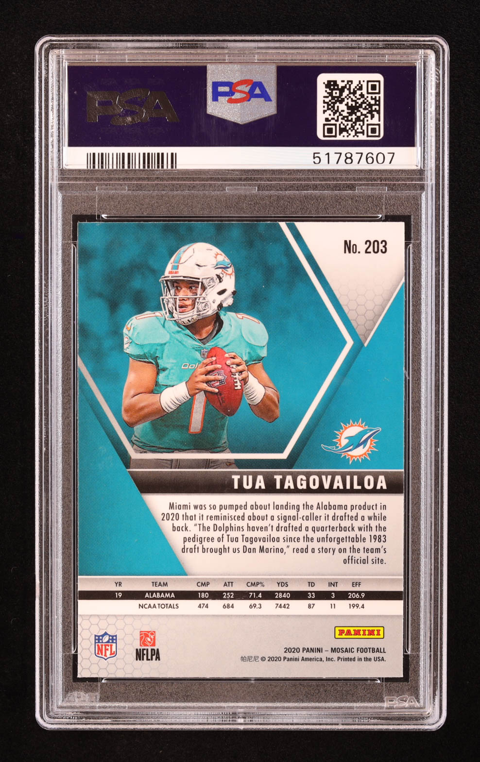 Tua Tagovailoa 2020 Panini Mosaic #203 RC (PSA 10) at PristineAuction.com Tua Tagovailoa 2020 Panini Mosaic #203 RC (PSA 10) at PristineAuction.com