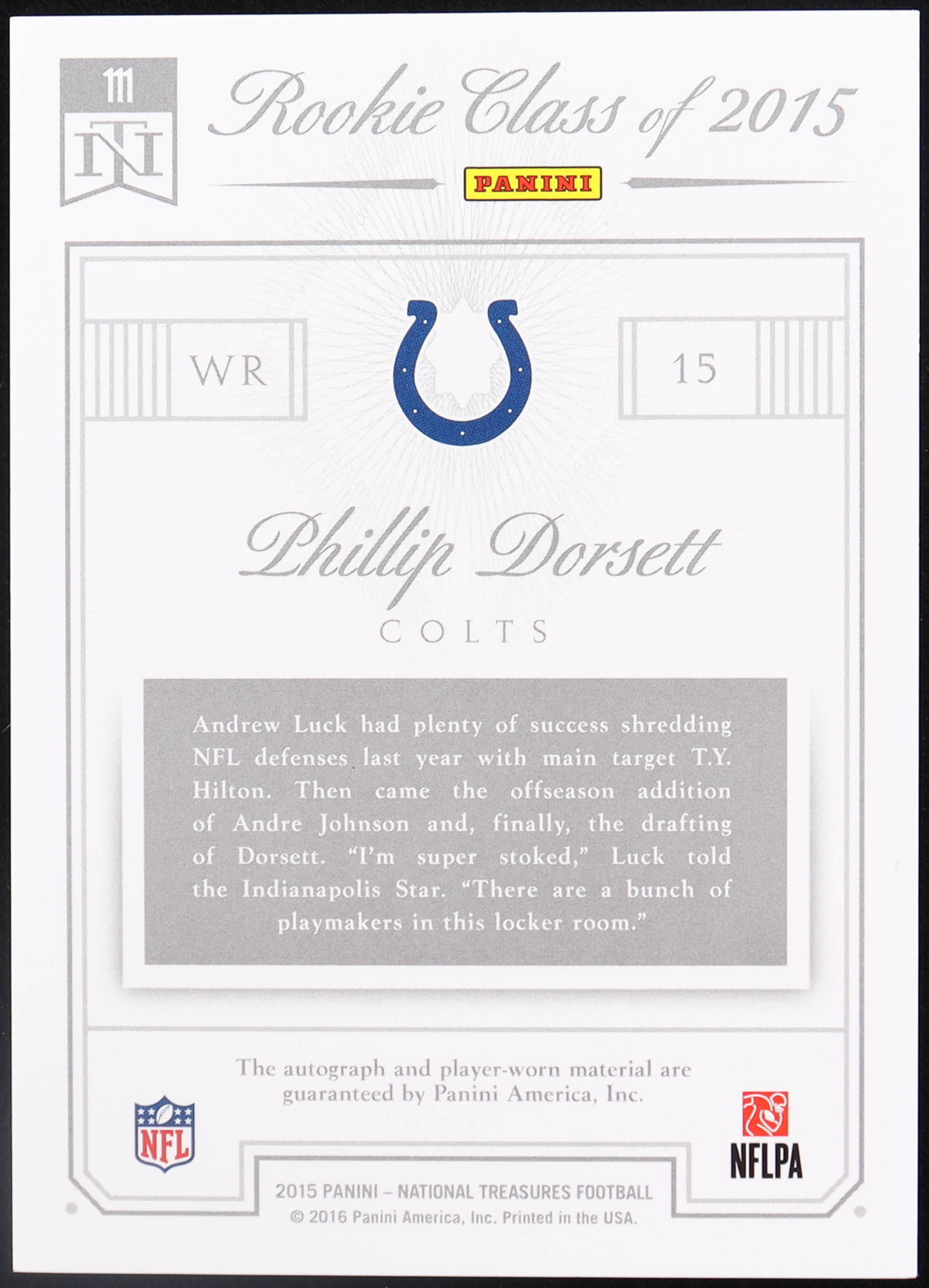 Phillip Dorsett 2015 Panini National Treasures #111 JSY AU RC #92/99 at PristineAuction.com Phillip Dorsett 2015 Panini National Treasures #111 JSY AU RC #92/99 at PristineAuction.com