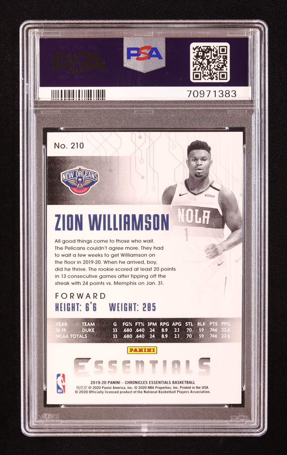 Zion Williamson 2019-20 Panini Chronicles Pink #210 RC / Essentials (PSA 10) at PristineAuction.com Zion Williamson 2019-20 Panini Chronicles Pink #210 RC / Essentials (PSA 10) at PristineAuction.com