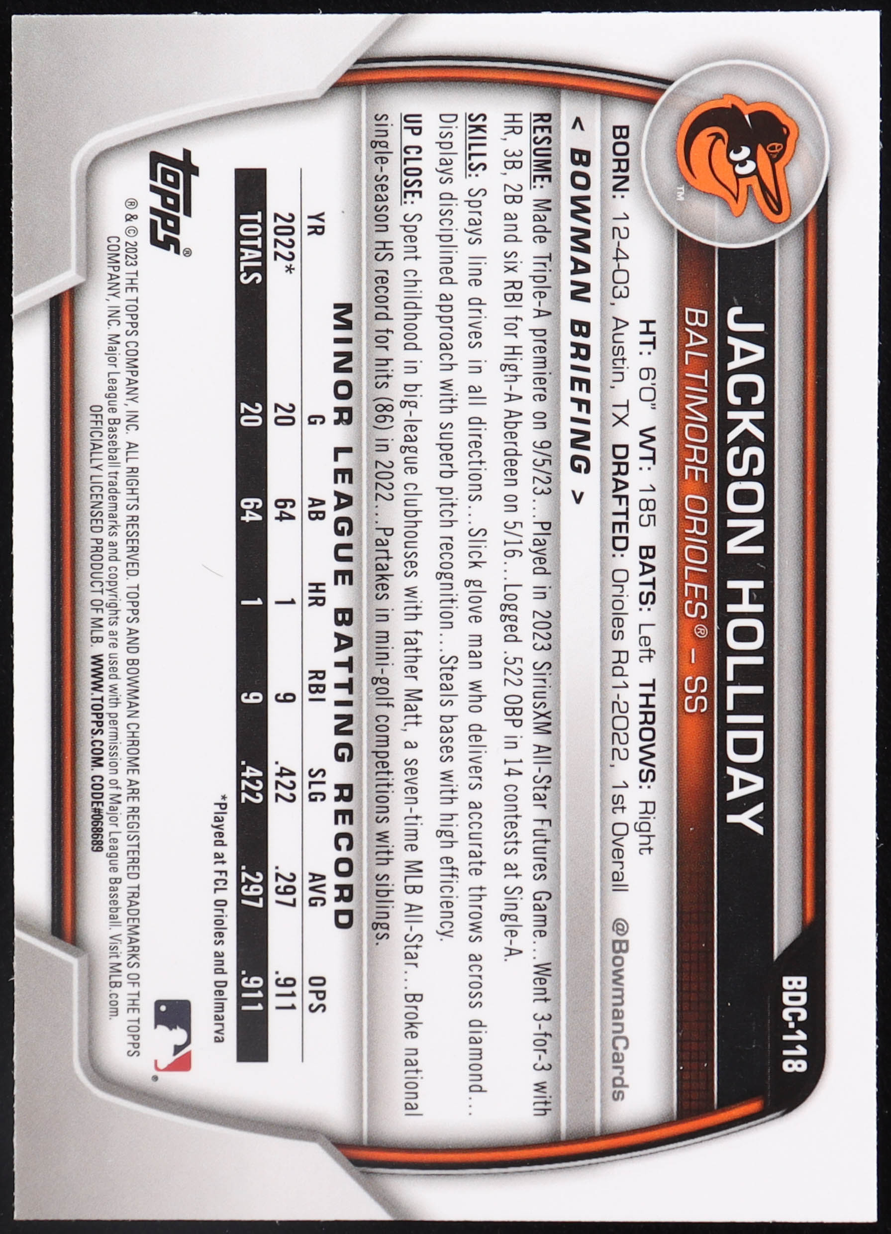 Jackson Holliday 2023 Bowman Chrome Draft Lunar Glow Refractors #BDC118 RC at PristineAuction.com Jackson Holliday 2023 Bowman Chrome Draft Lunar Glow Refractors #BDC118 RC at PristineAuction.com