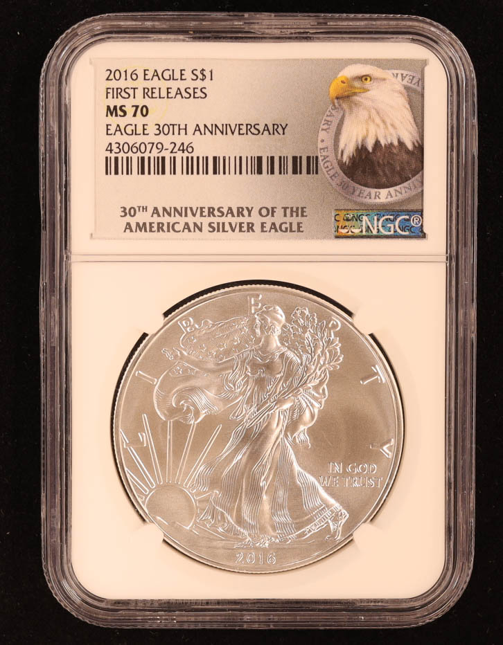 2016 American Silver Eagle - First Releases - Eagle 30th Anniversary (NGC MS70) at PristineAuction.com 2016 American Silver Eagle - First Releases - Eagle 30th Anniversary (NGC MS70) at PristineAuction.com