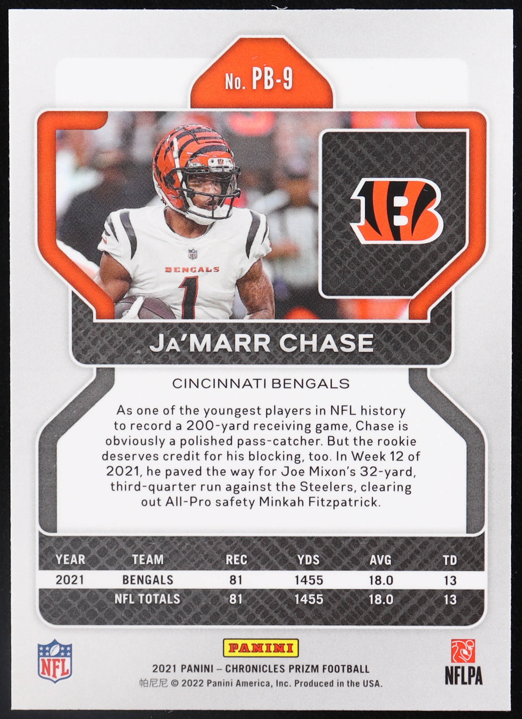 Ja'Marr Chase 2021 Panini Chronicles Prizm Black #9 RC at PristineAuction.com Ja'Marr Chase 2021 Panini Chronicles Prizm Black #9 RC at PristineAuction.com