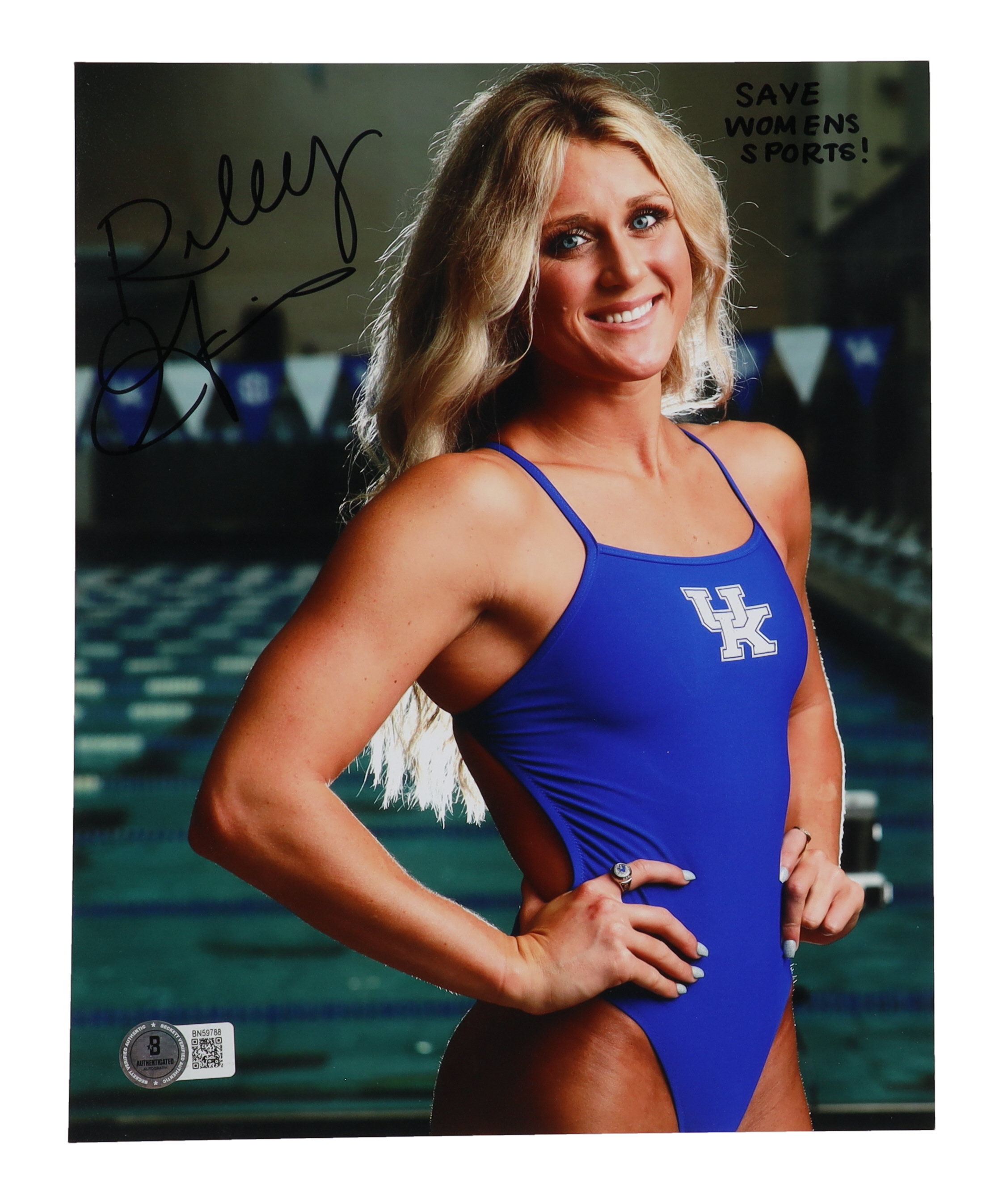 Riley Gaines Signed "University Of Kentucky" 8x10 Photo Inscribed "Save Women's Sports!" (Beckett) at PristineAuction.com Riley Gaines Signed "University Of Kentucky" 8x10 Photo Inscribed "Save Women's Sports!" (Beckett) at PristineAuction.com