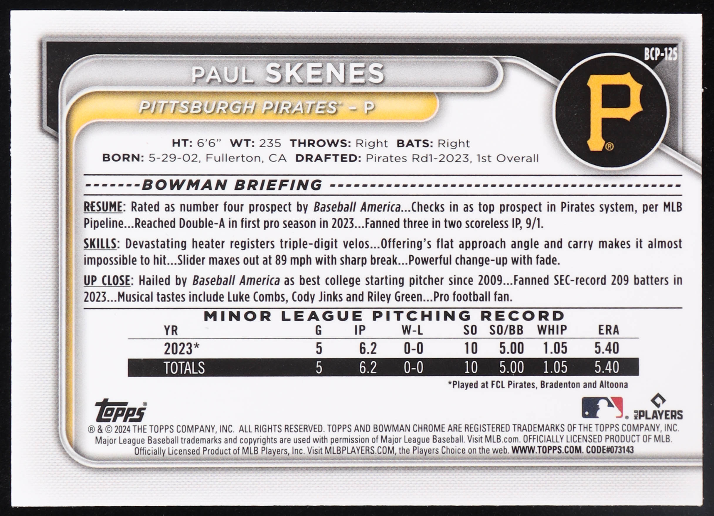 Paul Skenes 2024 Bowman Chrome Prospects #BCP125 RC at PristineAuction.com Paul Skenes 2024 Bowman Chrome Prospects #BCP125 RC at PristineAuction.com