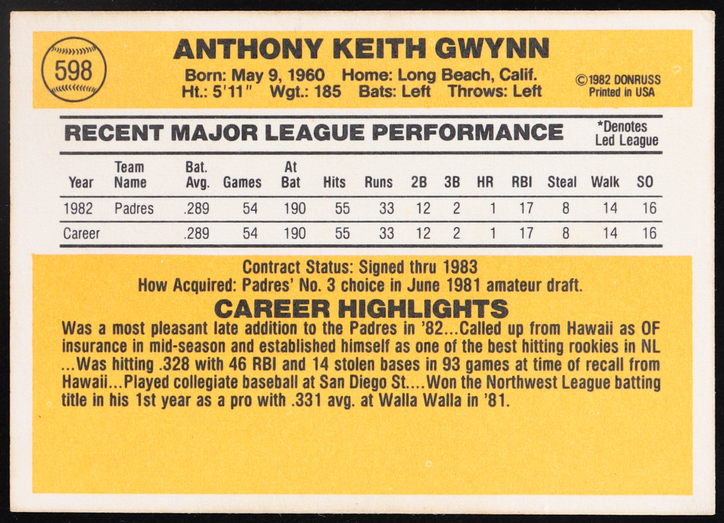 Tony Gwynn 1983 Donruss #598 RC at PristineAuction.com Tony Gwynn 1983 Donruss #598 RC at PristineAuction.com