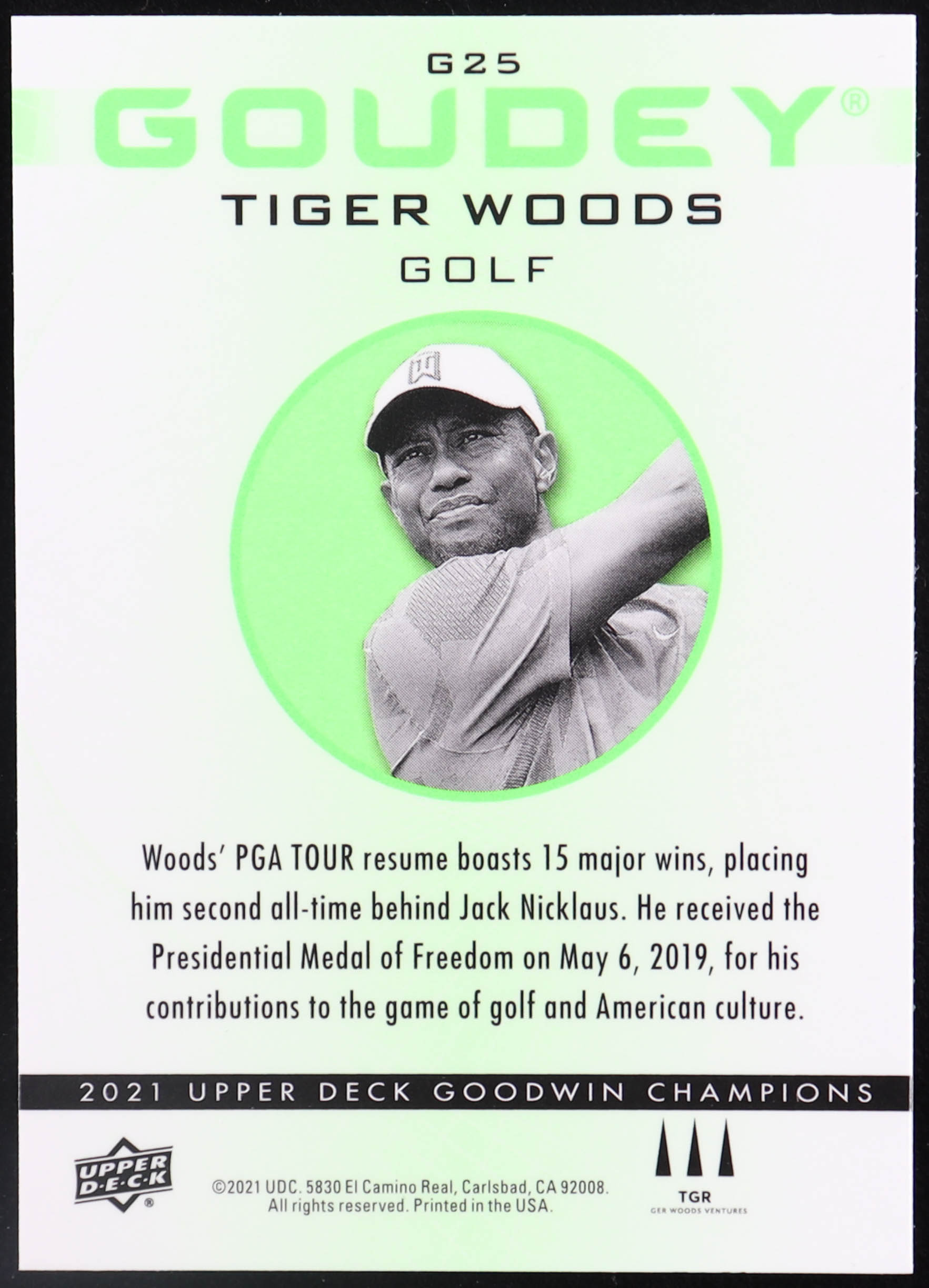 Tiger Woods 2021 Upper Deck Goodwin Champions Goudey Platinum Neon Green #G25 at PristineAuction.com Tiger Woods 2021 Upper Deck Goodwin Champions Goudey Platinum Neon Green #G25 at PristineAuction.com