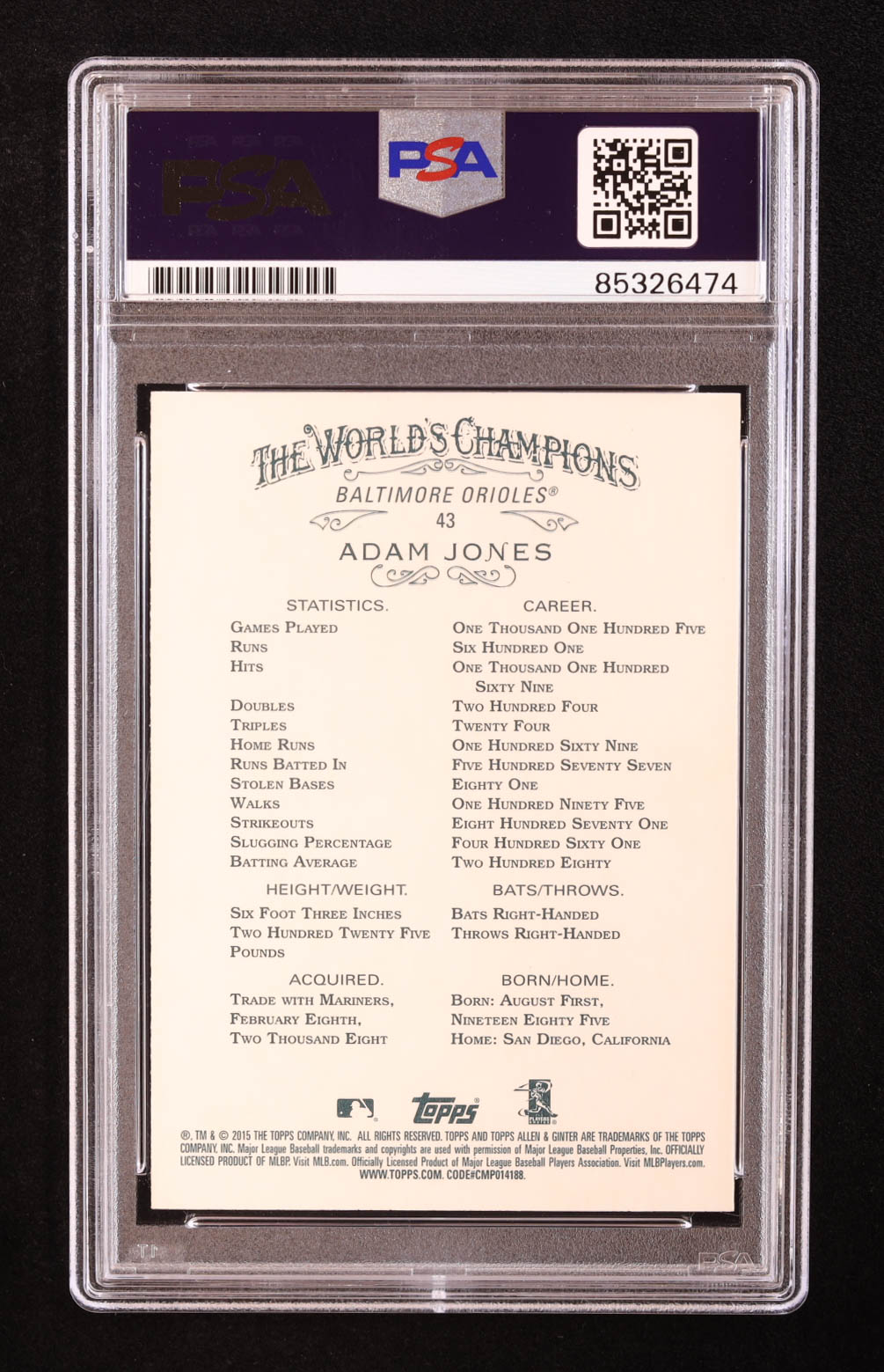 Adam Jones Signed 2015 Topps Allen and Ginter #43 (PSA) at PristineAuction.com Adam Jones Signed 2015 Topps Allen and Ginter #43 (PSA) at PristineAuction.com