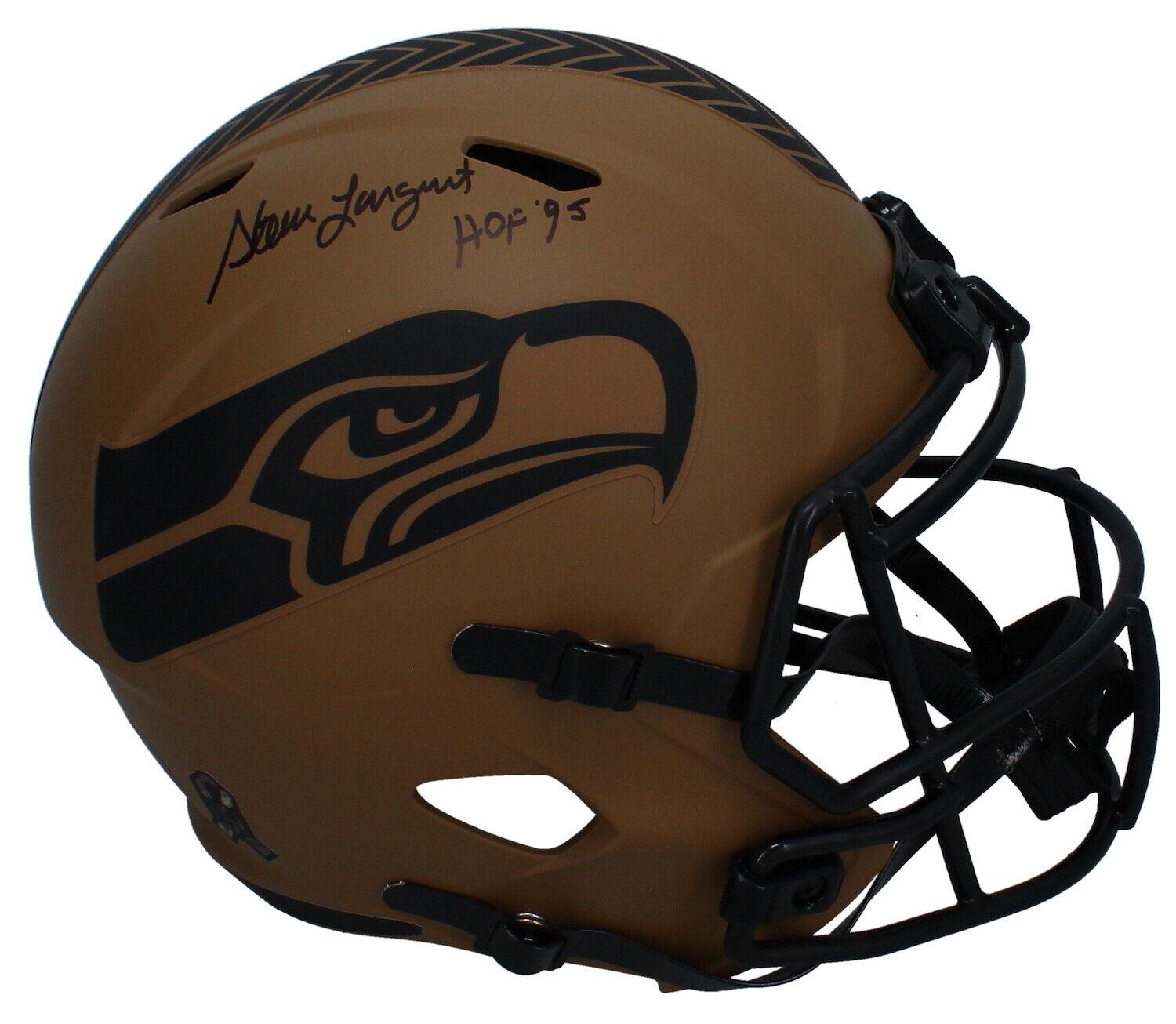 Steve Largent Signed Seahawks Full-Size Salute to Service Alternate Speed Helmet Inscribed "HOF 95" (Beckett) at PristineAuction.com Steve Largent Signed Seahawks Full-Size Salute to Service Alternate Speed Helmet Inscribed "HOF 95" (Beckett) at PristineAuction.com