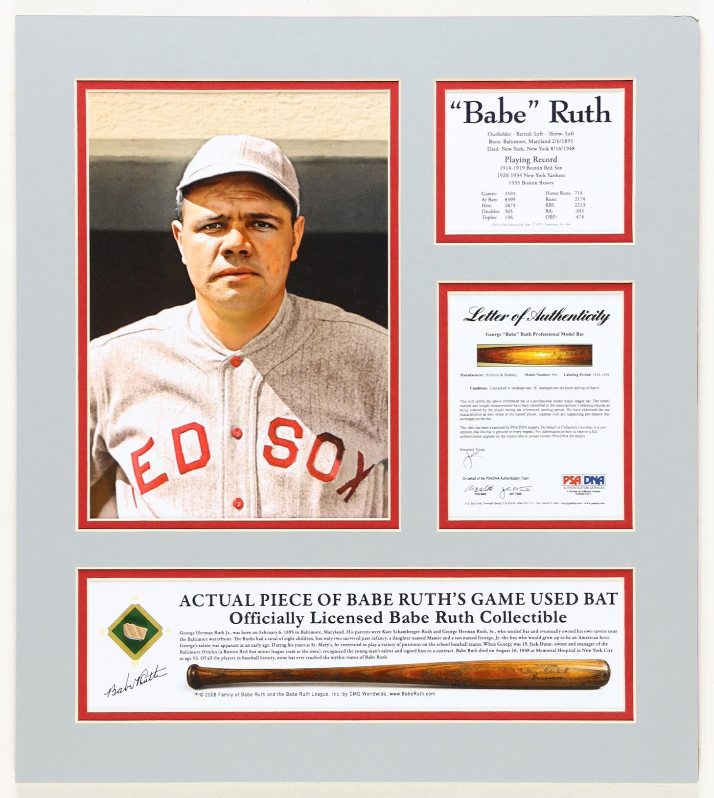 Babe Ruth Red Sox Custom Matted Game-Used Baseball Bat Piece (PSA) at PristineAuction.com Babe Ruth Red Sox Custom Matted Game-Used Baseball Bat Piece (PSA) at PristineAuction.com
