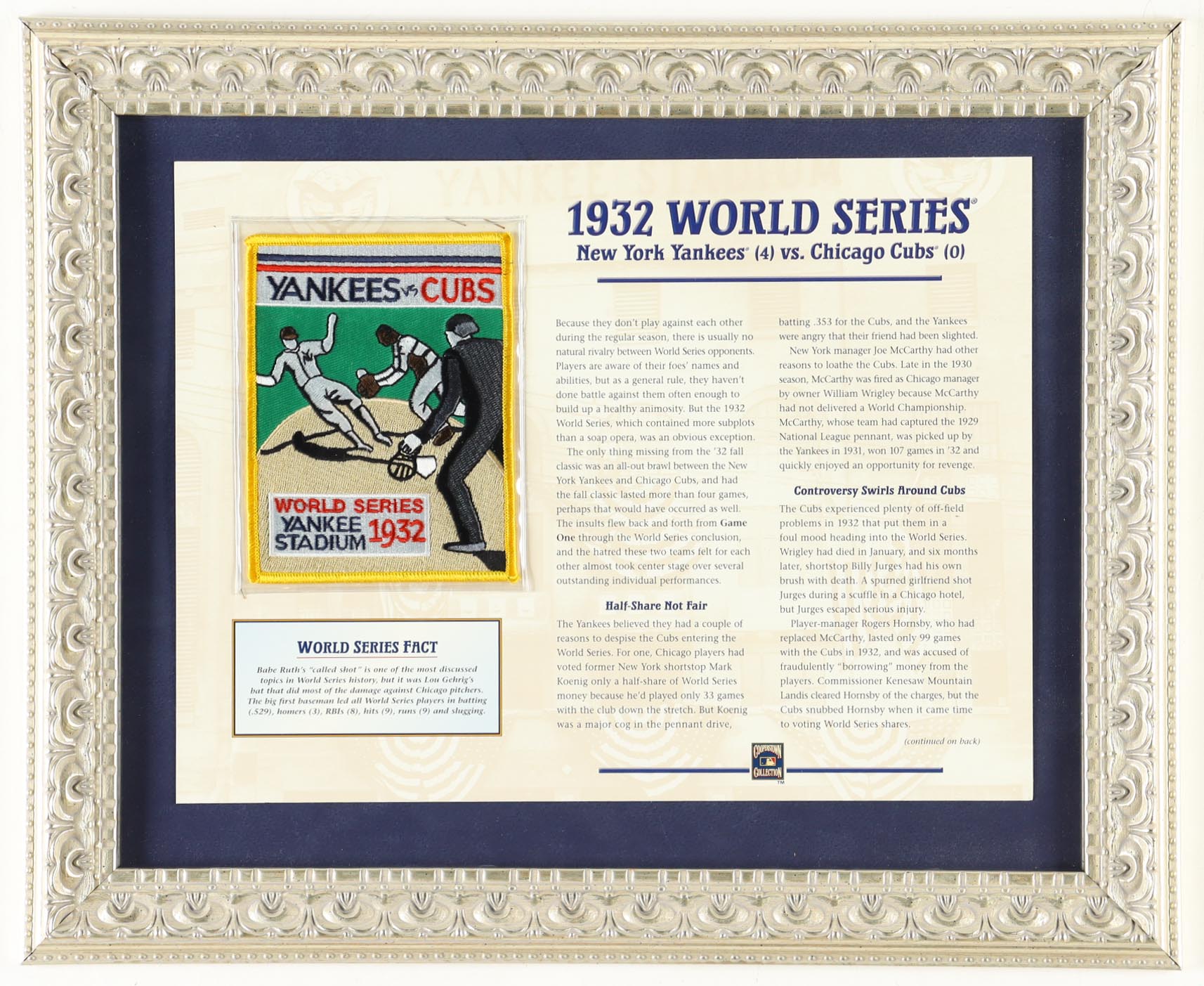 1932 World Series "Yankees vs Cubs" Custom Framed Commemorative Stat Card Display With Cloth Uniform Patch at PristineAuction.com 1932 World Series "Yankees vs Cubs" Custom Framed Commemorative Stat Card Display With Cloth Uniform Patch at PristineAuction.com