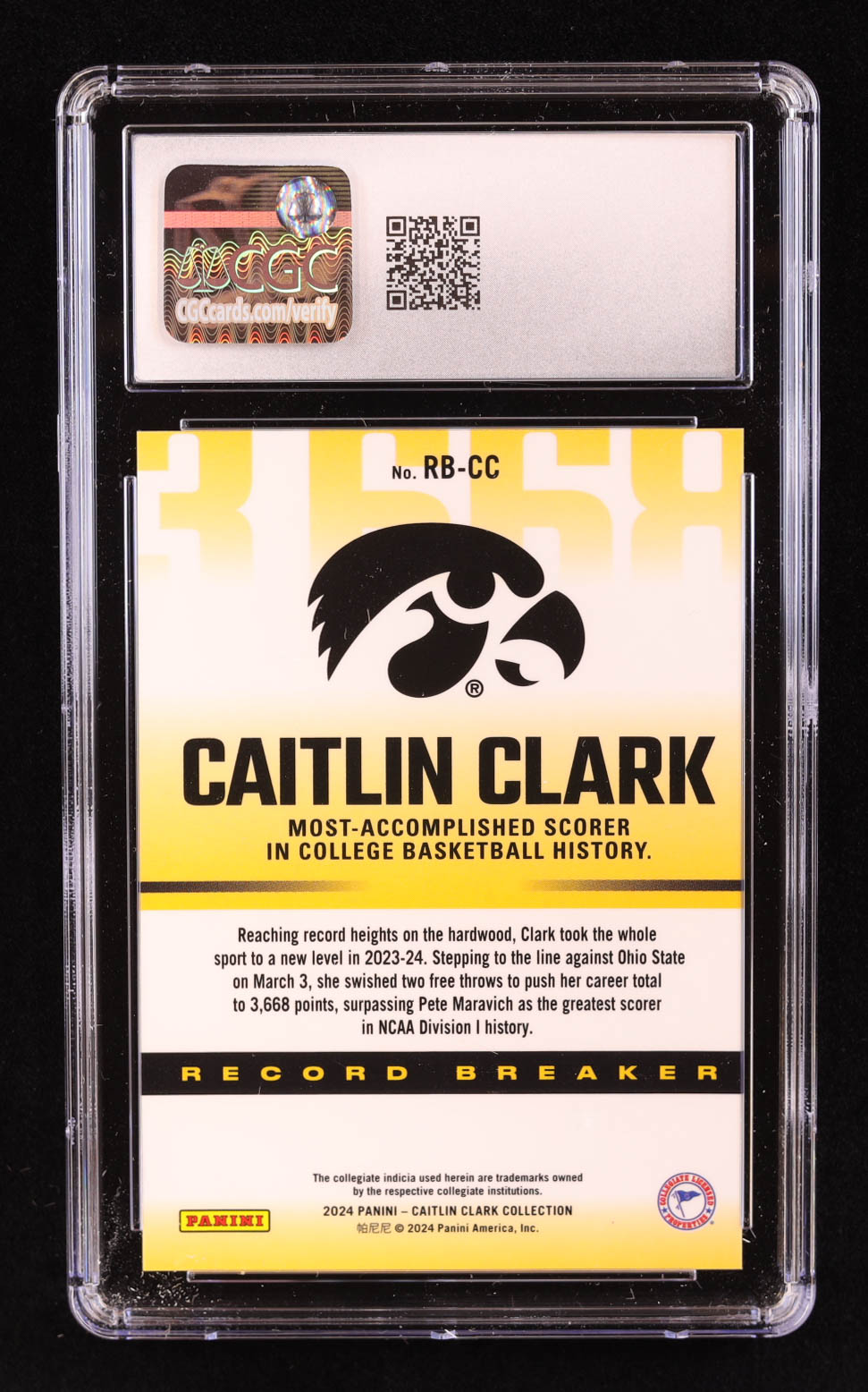 Caitlin Clark 2024 Panini Caitlin Clark Collection Record Breaker #RBCC RC (CGC 10) at PristineAuction.com Caitlin Clark 2024 Panini Caitlin Clark Collection Record Breaker #RBCC RC (CGC 10) at PristineAuction.com
