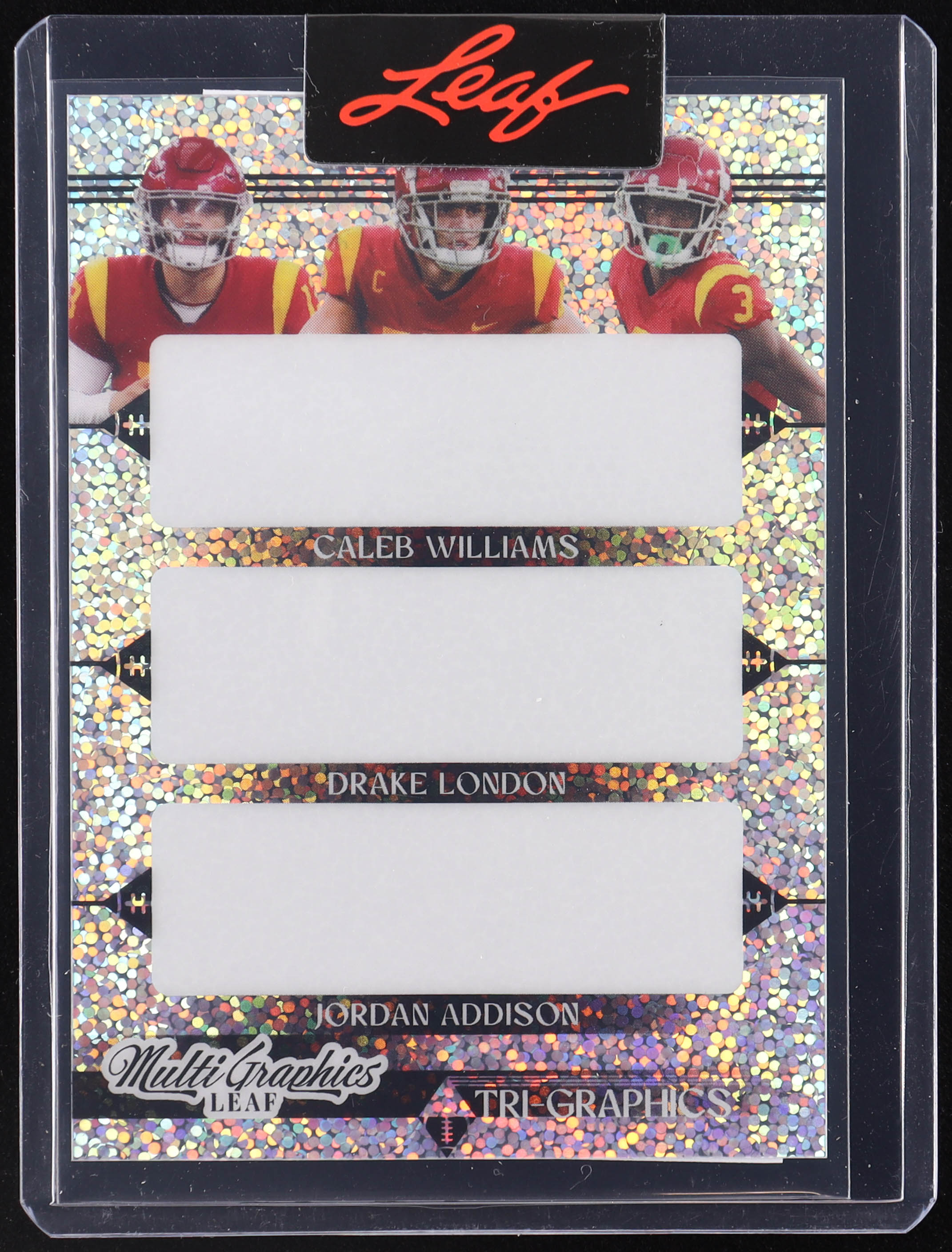 Caleb Williams / Drake London / Jordan Addison 2023 Leaf MultiGraphics Tri-Graphics Sparkle Silver Pre-Production Proof RC #1/1 at PristineAuction.com Caleb Williams / Drake London / Jordan Addison 2023 Leaf MultiGraphics Tri-Graphics Sparkle Silver Pre-Production Proof RC #1/1 at PristineAuction.com