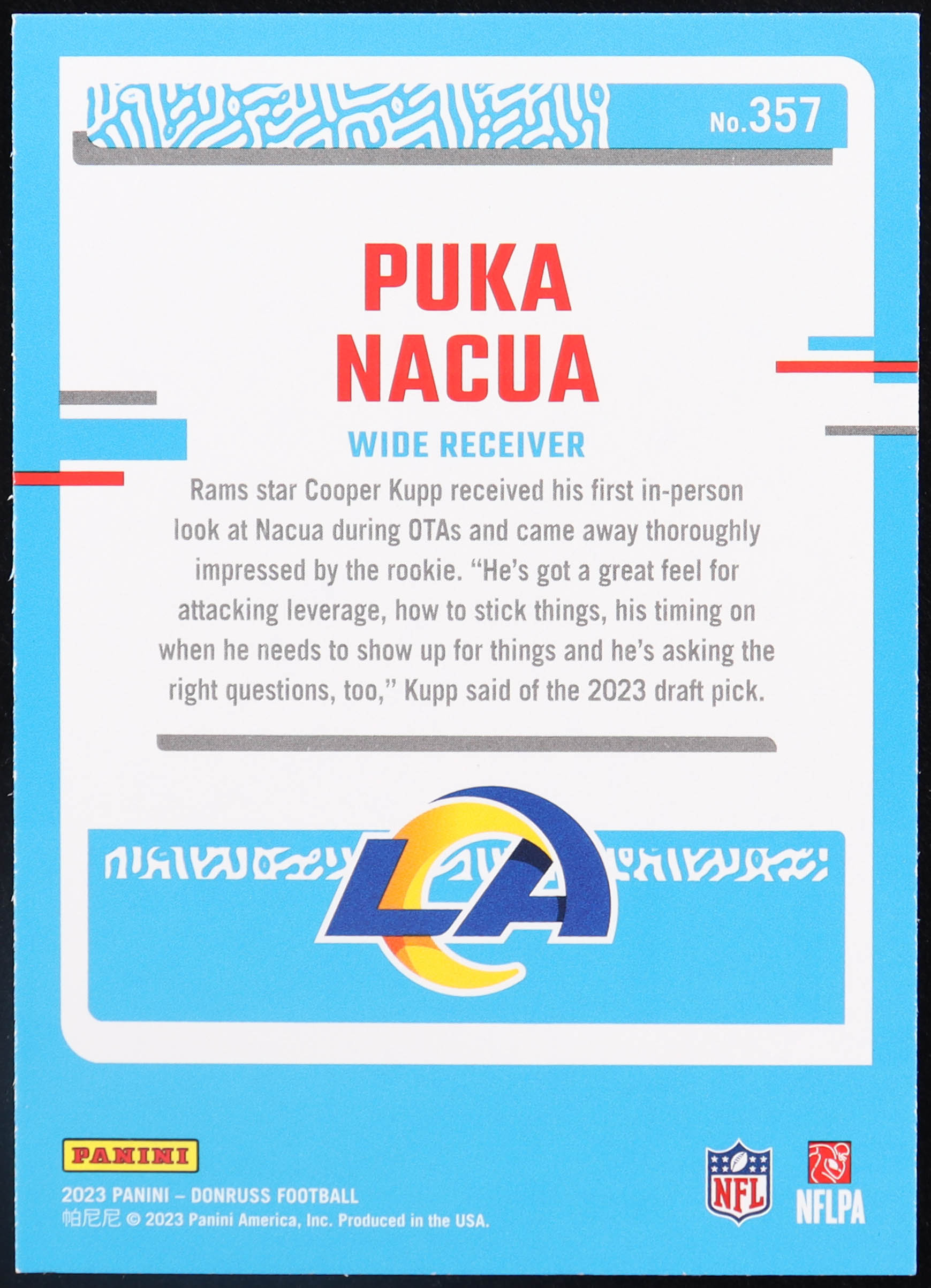 Puka Nacua 2023 Donruss Press Proof Red #357 RR RC at PristineAuction.com Puka Nacua 2023 Donruss Press Proof Red #357 RR RC at PristineAuction.com