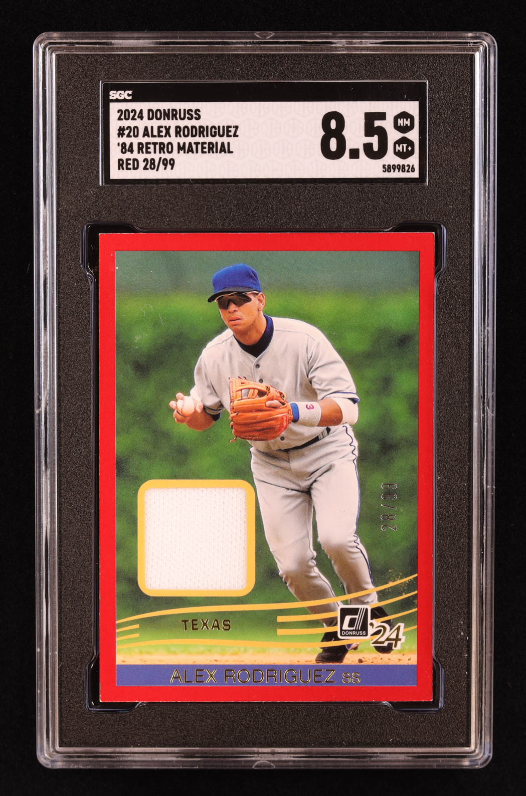 Alex Rodriguez 2024 Donruss Retro '84 Materials Red #20 #28/99 (SGC 8.5) at PristineAuction.com Alex Rodriguez 2024 Donruss Retro '84 Materials Red #20 #28/99 (SGC 8.5) at PristineAuction.com