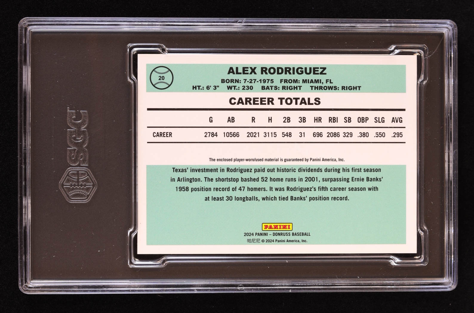 Alex Rodriguez 2024 Donruss Retro '84 Materials Red #20 #28/99 (SGC 8.5) at PristineAuction.com Alex Rodriguez 2024 Donruss Retro '84 Materials Red #20 #28/99 (SGC 8.5) at PristineAuction.com