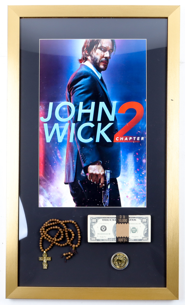 "John Wick Chapter 2" Custom Framed Movie Poster Display with Prop Money Cash Stack, Rosary with Religious Cross & Gold Coin at PristineAuction.com "John Wick Chapter 2" Custom Framed Movie Poster Display with Prop Money Cash Stack, Rosary with Religious Cross & Gold Coin at PristineAuction.com