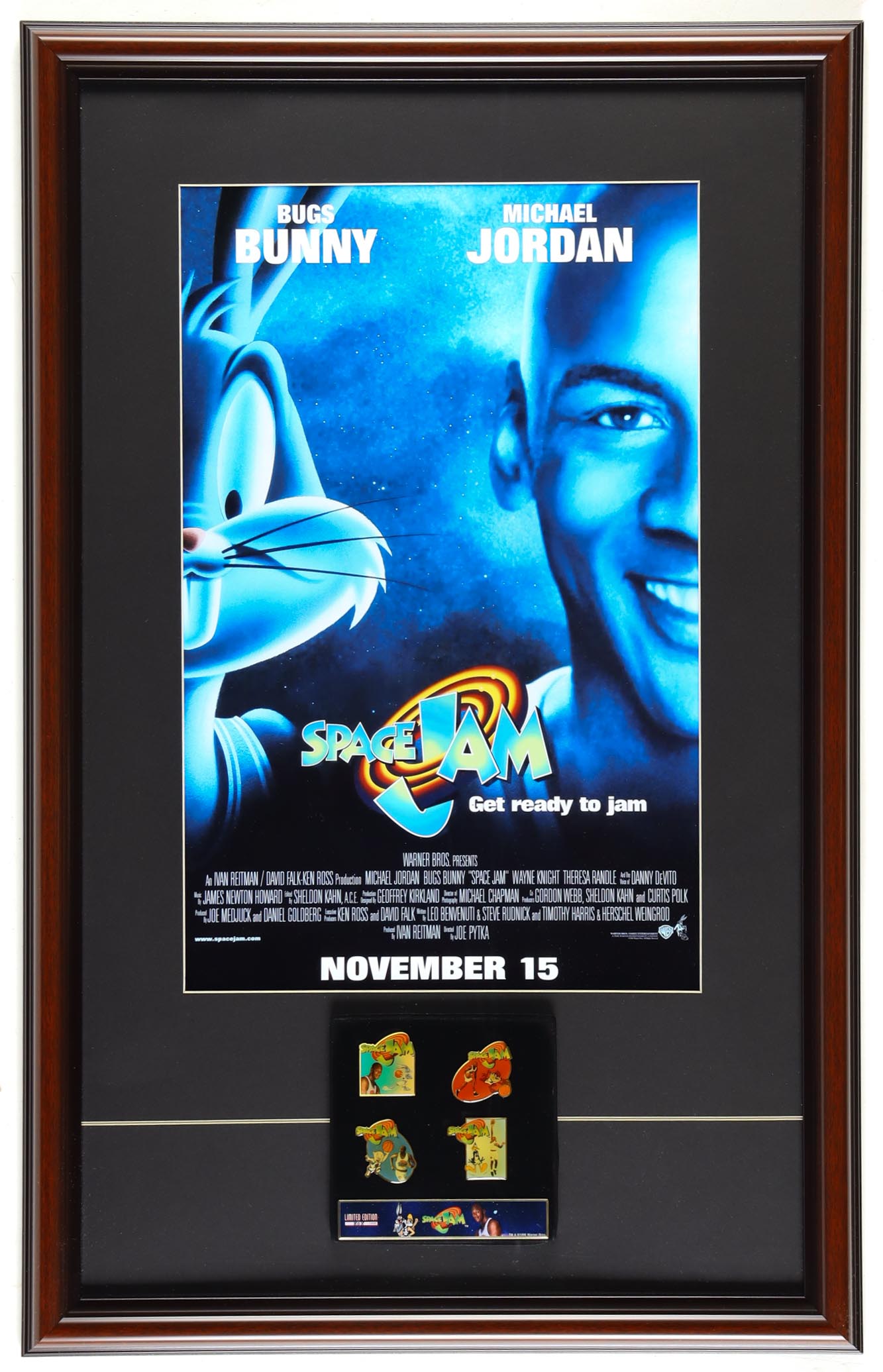 Michael Jordan "Space Jam" Custom Framed Movie Poster Display With Set of (4) Movie Pins at PristineAuction.com Michael Jordan "Space Jam" Custom Framed Movie Poster Display With Set of (4) Movie Pins at PristineAuction.com