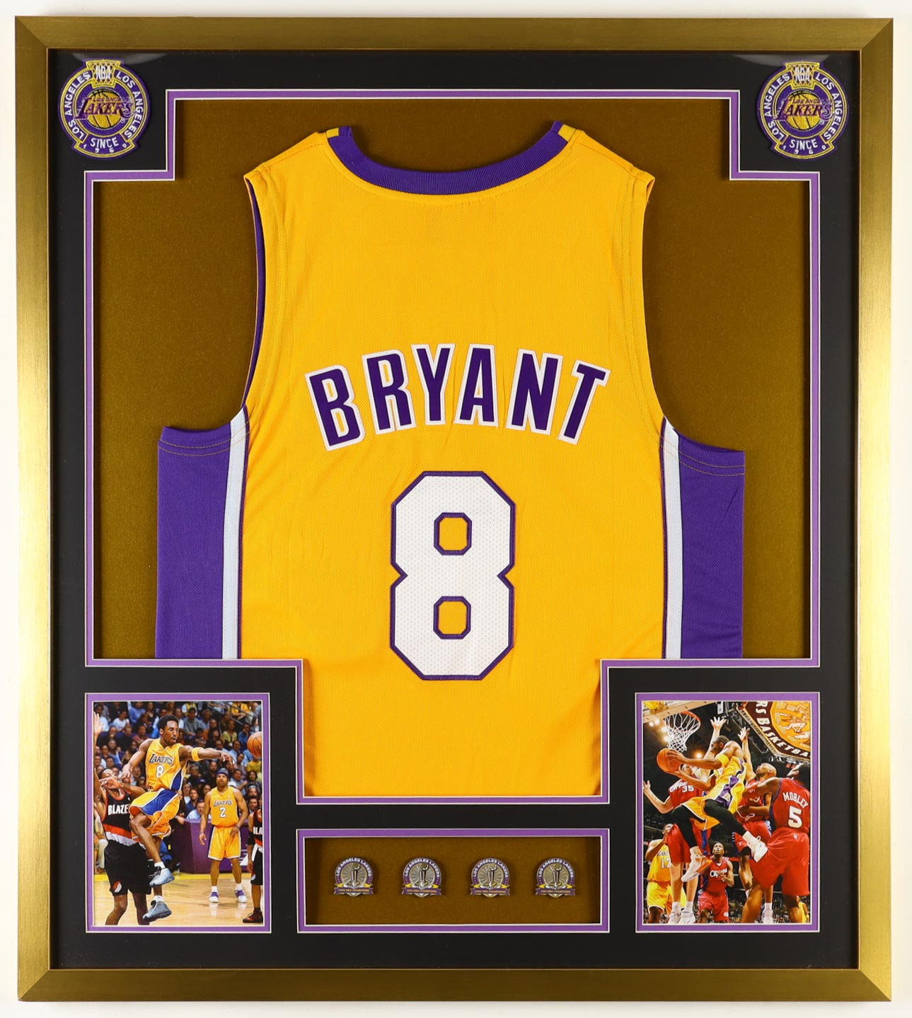 Kobe Bryant Lakers Custom Framed Jersey Display With Set of (4) NBA Championship Pins, (2) Cloth Team Logo Patches & (2) Photos at PristineAuction.com Kobe Bryant Lakers Custom Framed Jersey Display With Set of (4) NBA Championship Pins, (2) Cloth Team Logo Patches & (2) Photos at PristineAuction.com